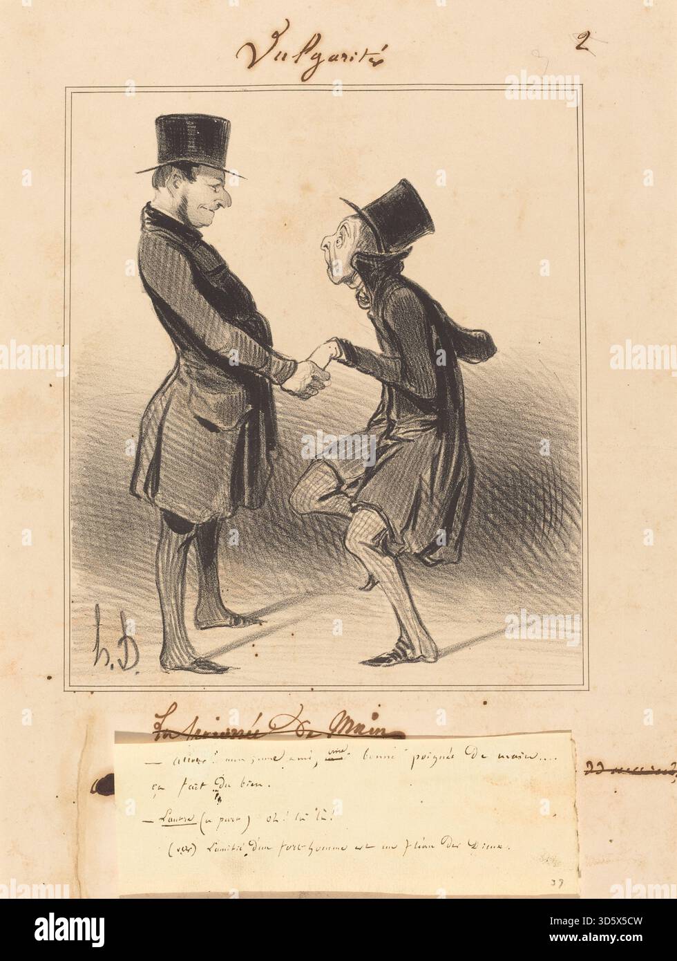 Questa litografia del 1841 di Honoré Daumier, intitolata 'Allons! MON jeune ami, une bonne poignée,' raffigura un giovane che viene salutato, sottolineando gesto, espressione, figure, interazione, e osservazione sociale caratteristica della stampa francese della metà del XIX secolo. Foto Stock