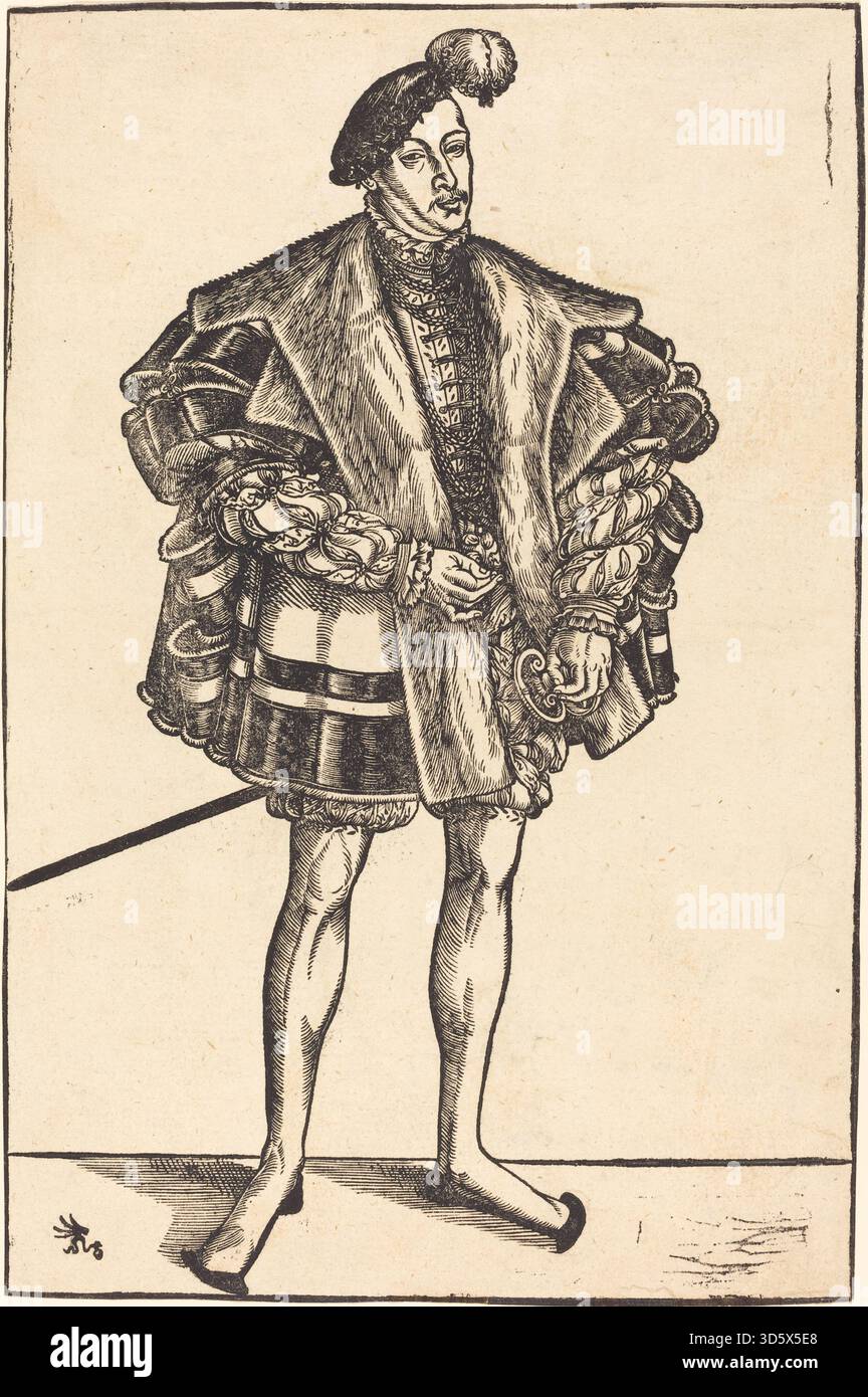 Questo ritratto di Lucas Cranach il giovane mostra Giovanni Guglielmo, Duca di Sassonia-Coburgo in abbigliamento formale, indossando una giacca riccamente ricamata, tenendo in mano un bastone d'ufficio, e adagiato su uno sfondo scuro. L'opera esemplifica la ritrattistica principesca tedesca della metà del XVI secolo con enfasi su costume, stato e presenza. Foto Stock