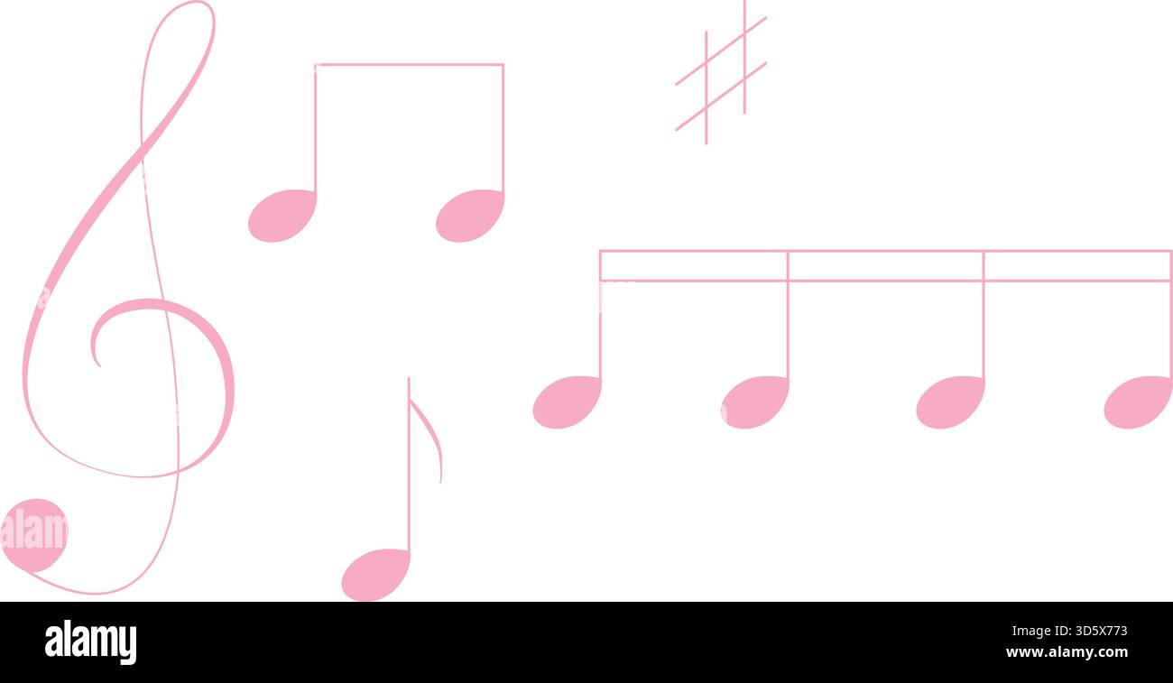 Note musicali di colore rosa. K pop cultura romantica coreana. Set isolato di elementi per la progettazione. Illustrazione Vettoriale