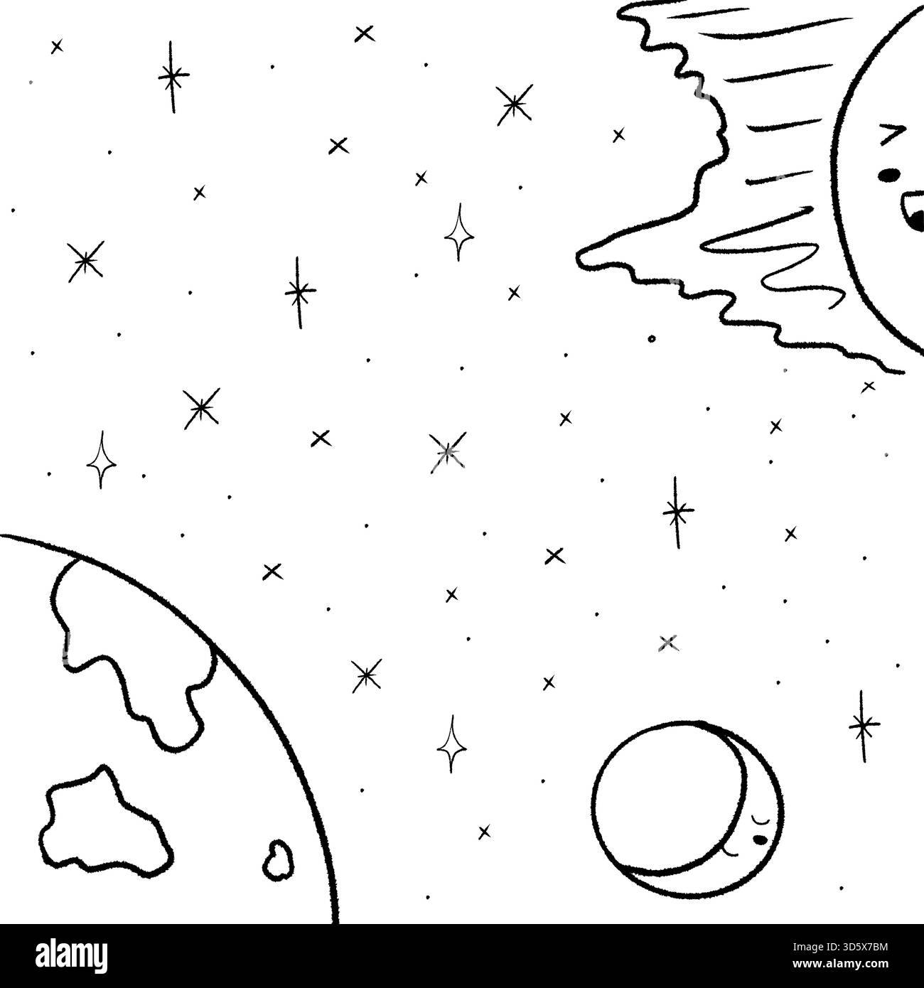 Lo spazio esterno kawaii carini personaggi dei pianeti doodle. Illustrazione disegnata a mano del sole ridendo, della luna addormentata e del pianeta Terra. Illustrazione Vettoriale