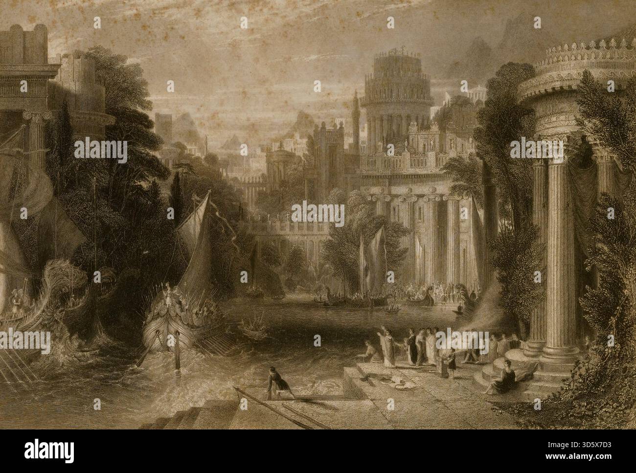 Opera d'arte storica intitolata "città dell'Antica Grecia", raffigurante un paesaggio classico immaginato con grandi strutture architettoniche, imbarcazioni a vela e figure lungo un fiume in un'antica città greca. Creato da J. W. Appleton, artista inglese attivo dal 1834 al 1841. Foto Stock