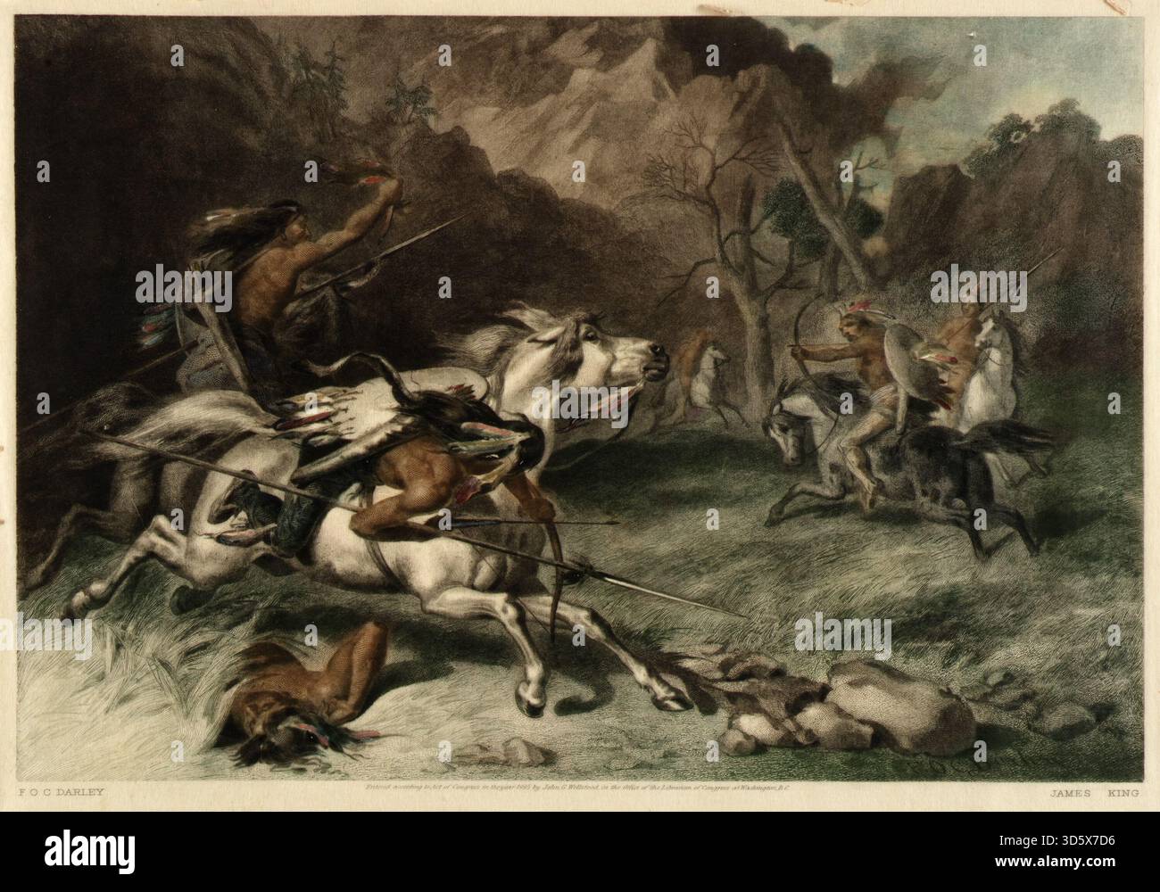 Illustrazioni storiche dal titolo The Encounter di James King, che mostrano una scena drammatica di guerrieri nativi americani a cavallo impegnati in conflitti su terreni accidentati alla fine del XIX secolo. Foto Stock
