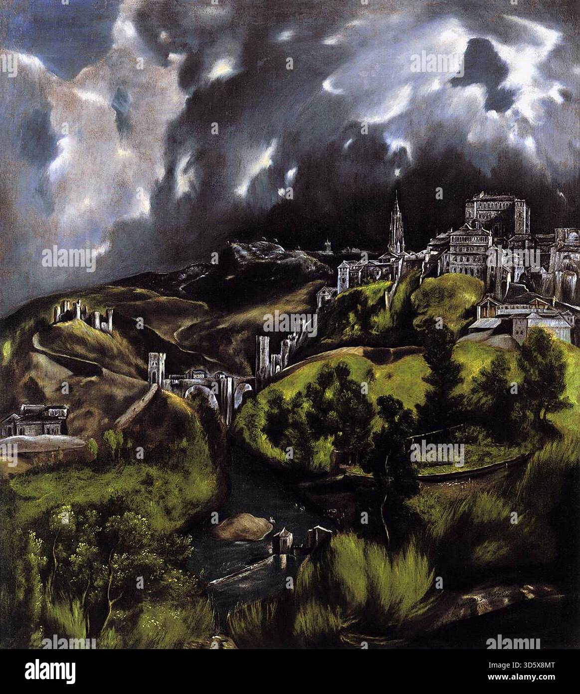 GRECO, El (1541, Candia, 1614, Toledo) A View of Toledo 1597-99 Oil on Canvas, 121,3 x 108,6 cm Metropolitan Museum of Art, New York ci sono due paesaggi sopravvissuti di El Greco: The View of Toledo (Metropolitan Museum, New York) e The View and Plan of Toledo (Museo de El Greco, Toledo). Rispondono a obiettivi molto diversi: Uno che si prefigge di documentare la città in termini cartografici, l'altro che la evoca attraverso una disposizione selettiva delle sue caratteristiche più caratteristiche. La pittura metropolitana appartiene ad una tradizione di vedute emblematiche della città, il suo approccio è interpretativo Foto Stock
