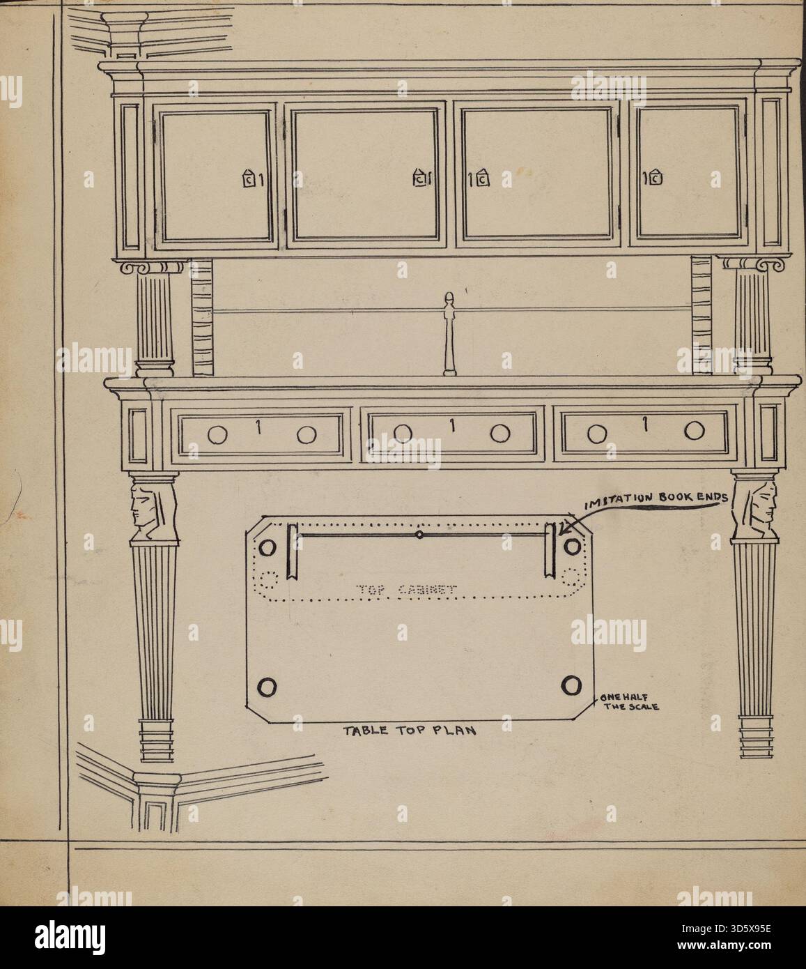 Questa scrivania, prodotta da Frank Wenger nel 1936, è un mobile in legno con una superficie di lavoro piatta, cassetti multipli e gambe robuste, che esemplificano il design e la costruzione della metà degli anni '1930. Foto Stock