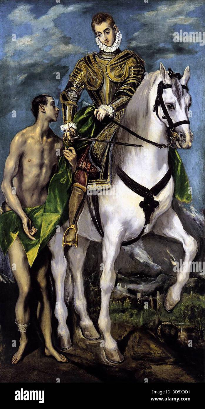GRECO, El (B. 1541, Candia, d. 1614, Toledo) St Martin and the Beggar 1597-99 olio su tela, 193 x 103 cm National Gallery of Art, Washington questo dipinto è stato realizzato per la Capilla de San Jos? (Cappella di San Giuseppe) a Toledo, originariamente era collocata sul lato sinistro dell'altare maggiore. I dipinti per l'altare maggiore (ancora in posizione) erano il San Giuseppe e il Cristo bambino, e sopra, l'Incoronazione della Vergine; e, per gli altari laterali, furono collocati il San Martino e il mendicante e la Vergine con bambino con Santi. Rivestita in un'armatura dannata d'oro con un ruff tipico di fashi Foto Stock