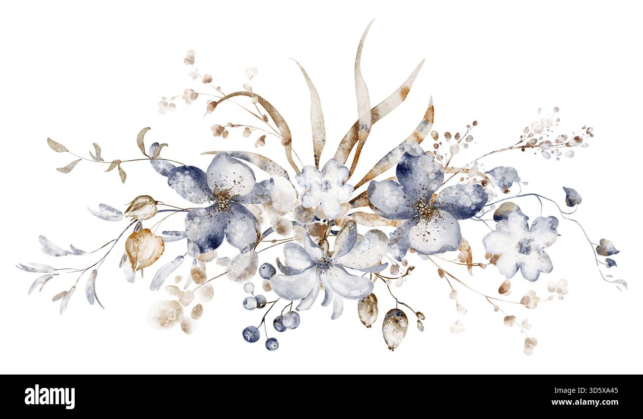 Bouquet di fiori secchi ed erbe aromatiche. Illustrazione floreale botanica. Composizione isolata per scheda, invito, modello e design. Foto Stock