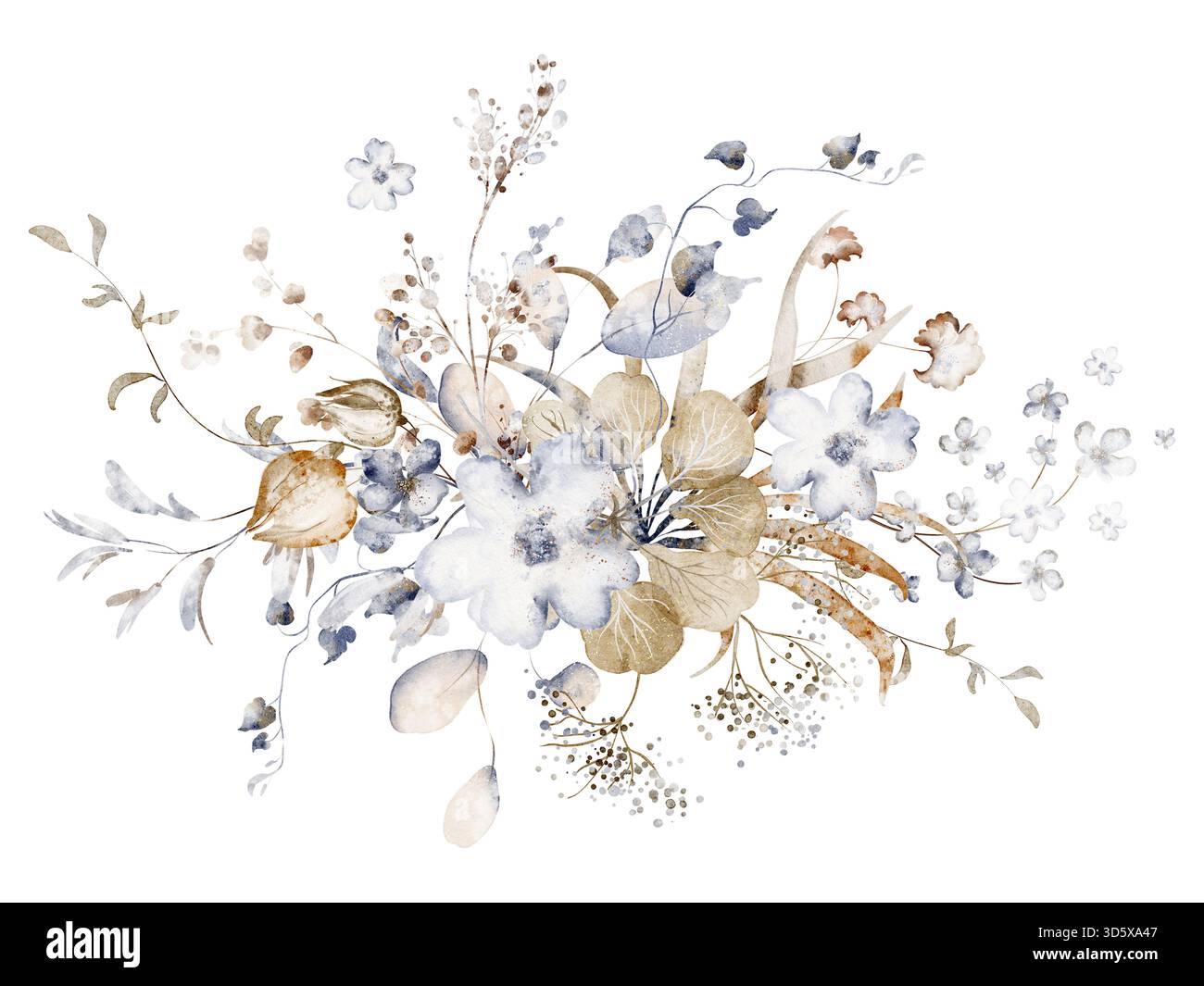 Bouquet di fiori secchi ed erbe aromatiche. Illustrazione floreale botanica. Composizione isolata per scheda, invito, modello e design. Foto Stock