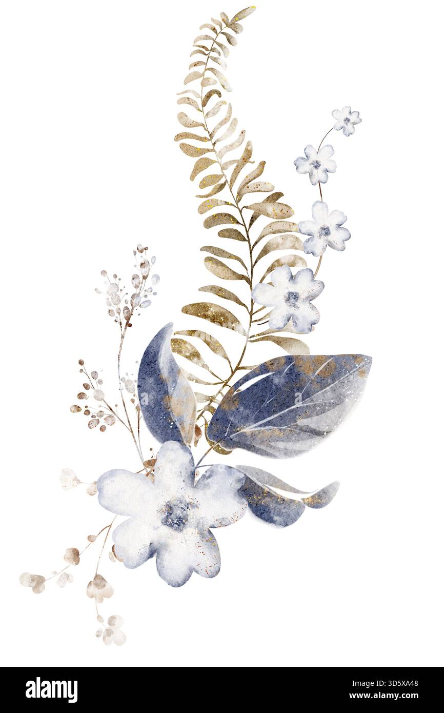 Bouquet di fiori secchi ed erbe aromatiche. Illustrazione floreale botanica. Composizione isolata per scheda, invito, modello e design. Foto Stock