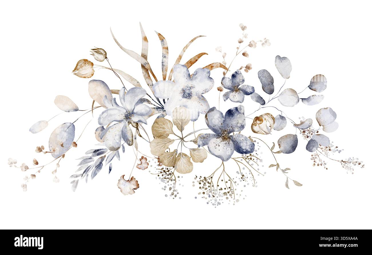 Bouquet di fiori secchi ed erbe aromatiche. Illustrazione floreale botanica. Composizione isolata per scheda, invito, modello e design. Foto Stock