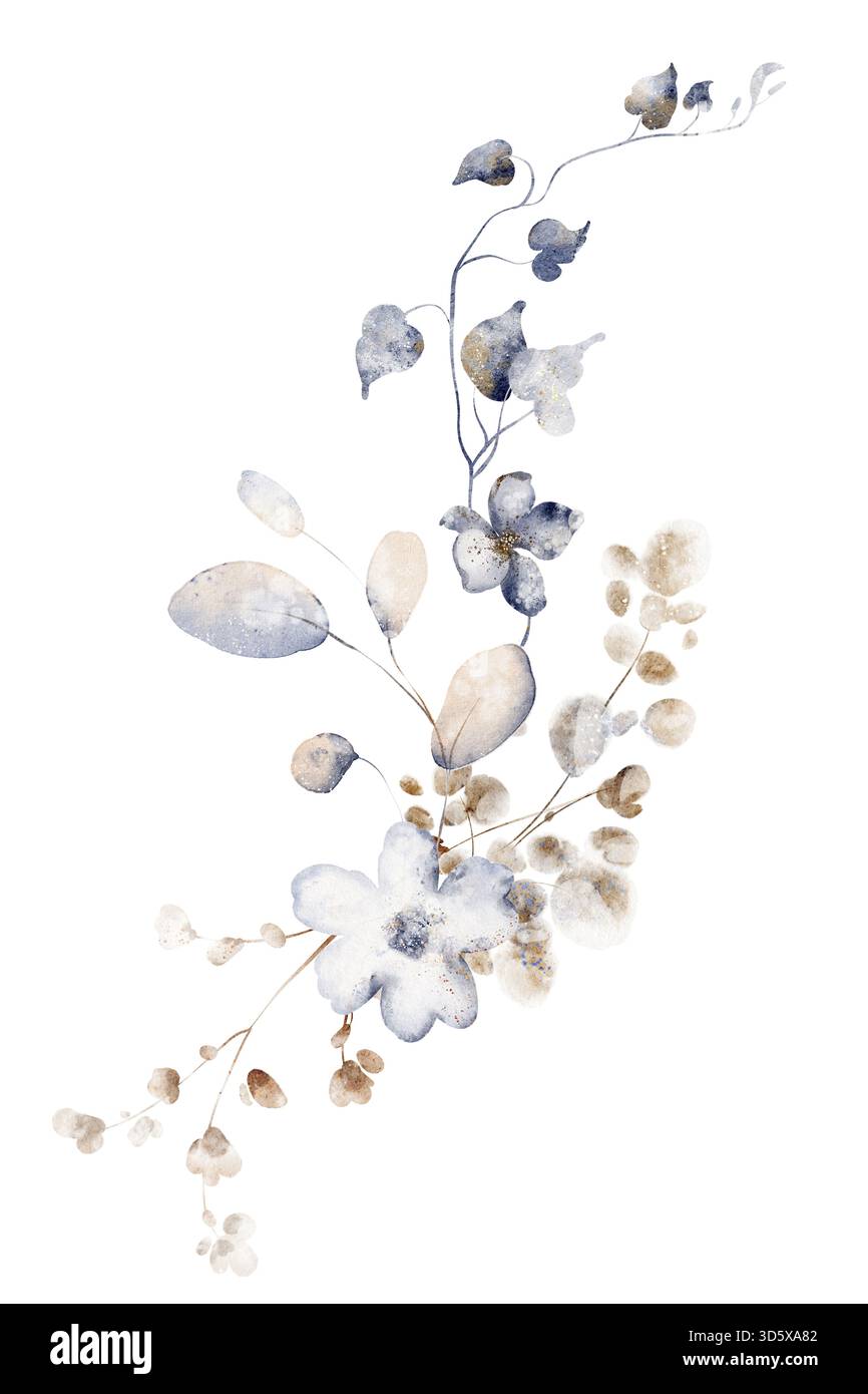 Bouquet botanico di acquerelli con piante secche e fiori selvatici. Illustrazione floreale per cancelleria, invito, biglietto d'auguri e design stampabile. Foto Stock