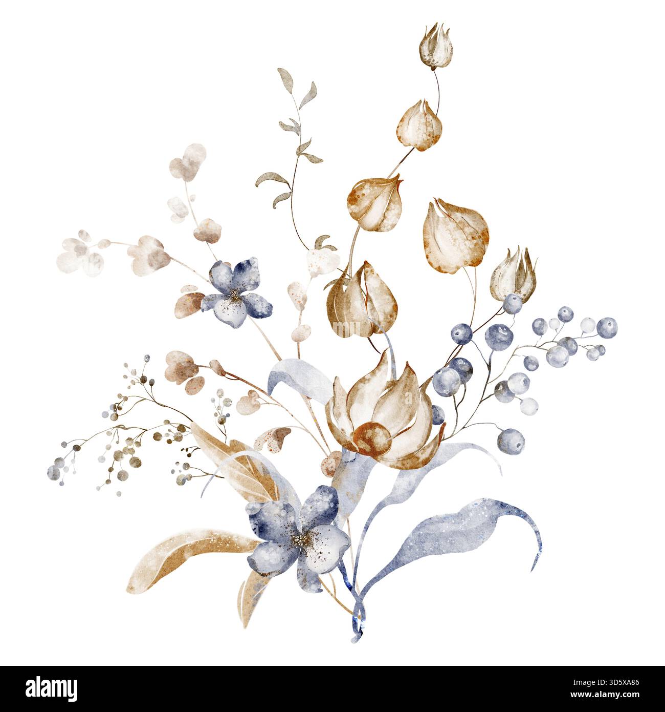 Bouquet botanico di acquerelli con piante secche e fiori selvatici. Illustrazione floreale per cancelleria, invito, biglietto d'auguri e design stampabile. Foto Stock