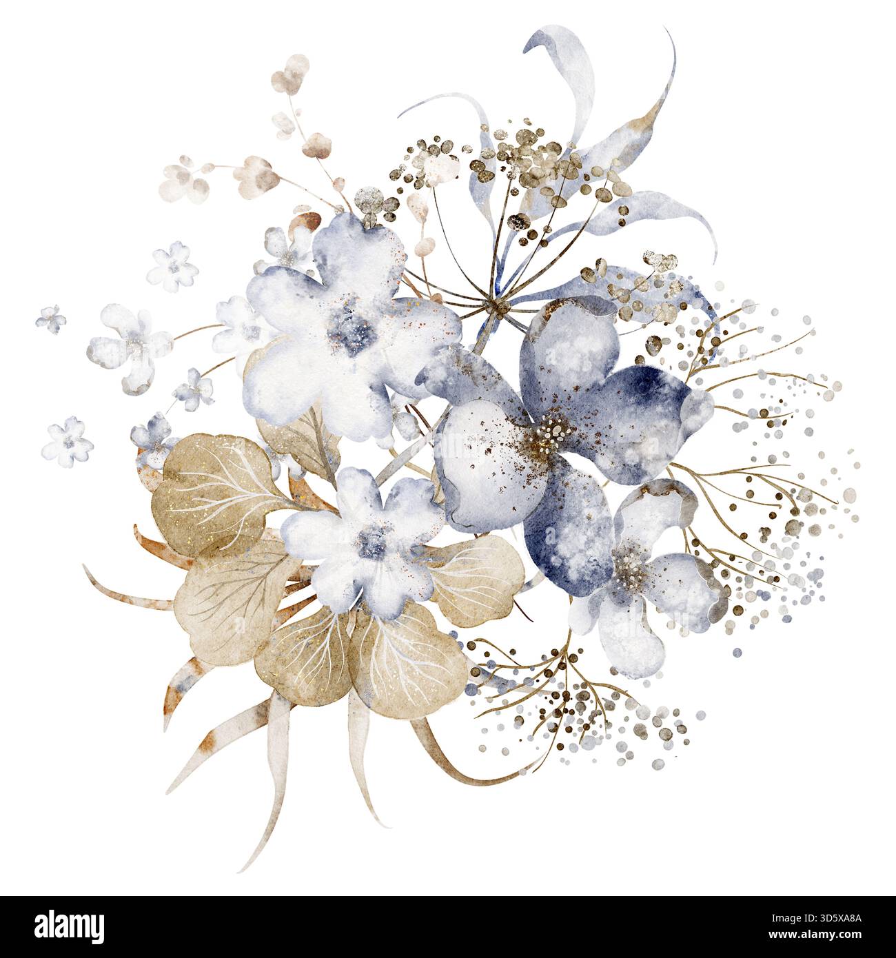 Bouquet botanico di acquerelli con piante secche e fiori selvatici. Illustrazione floreale per cancelleria, invito, biglietto d'auguri e design stampabile. Foto Stock