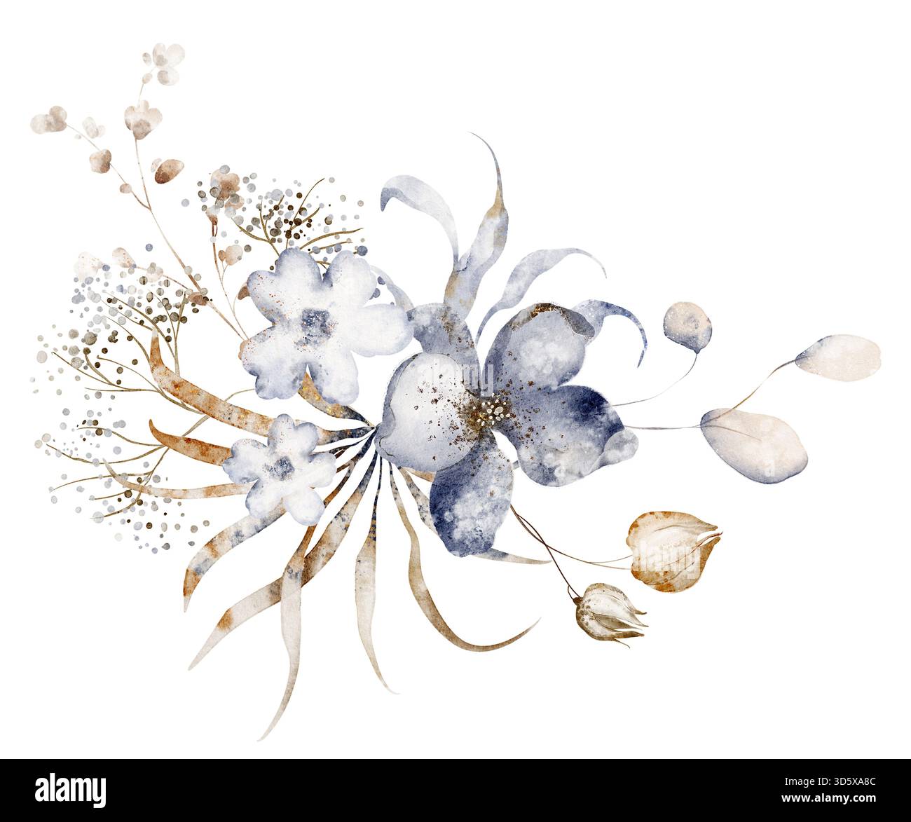 Bouquet di fiori secchi ed erbe aromatiche. Illustrazione floreale botanica. Composizione isolata per scheda, invito, modello e design. Foto Stock