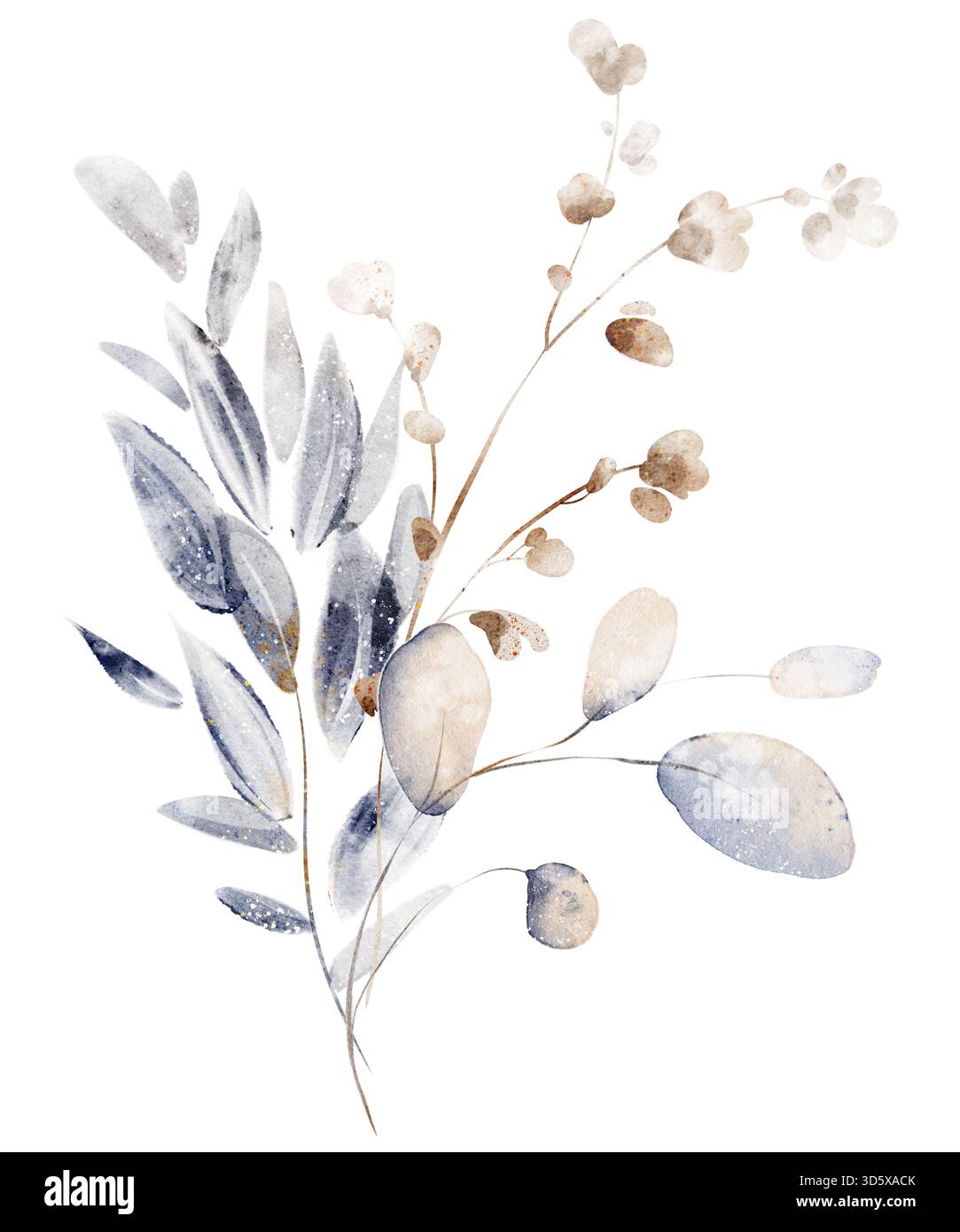 Bouquet botanico di acquerelli con piante secche e fiori selvatici. Illustrazione floreale per cancelleria, invito, biglietto d'auguri e design stampabile. Foto Stock