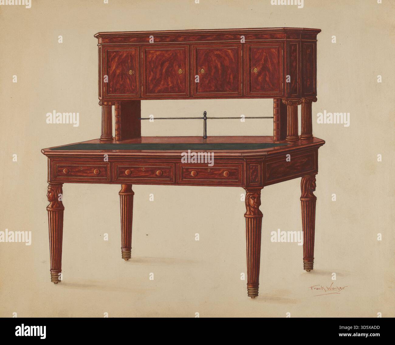 Questa scrivania 1936 di Frank Wenger presenta un piano in legno con cassetti e quattro gambe, che riflette il design e l'artigianalità dei mobili tipici della metà degli anni '1930 Foto Stock