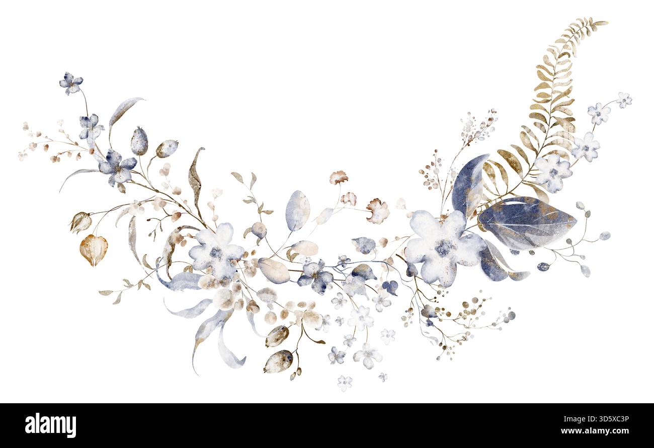 Corona botanica acquerello con piante secche e fiori selvatici. Cornice ad arco con motivi floreali per il design di biglietti d'auguri, inviti, matrimoni e saluti. Verniciato a mano il Foto Stock
