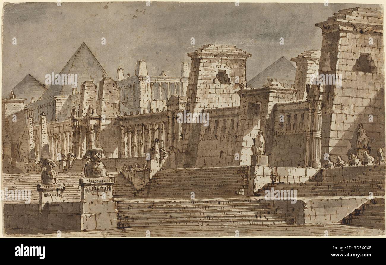 Un progetto scenico di Pietro Gonzaga intorno al 1815 raffigurante un set teatrale di ispirazione egiziana. Il lavoro mette in risalto elementi architettonici, motivi decorativi, prospettiva, disposizione spaziale, figure umane, e struttura compositiva. Foto Stock