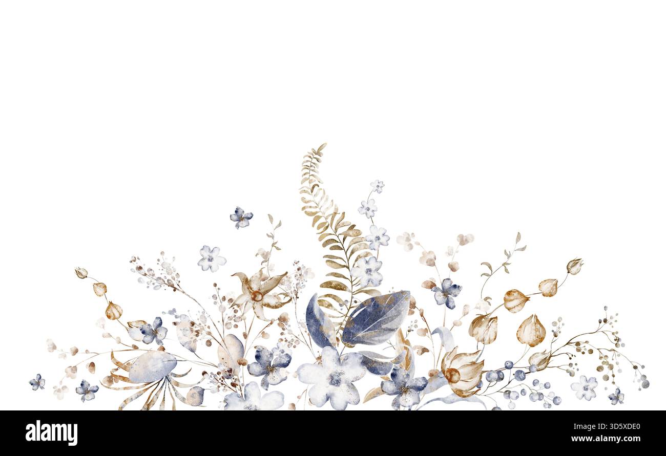 Acquerello botanico con fiori secchi per matrimoni e inviti. Illustrazione floreale per cartoline e cancelleria. Composizione isolata per Foto Stock