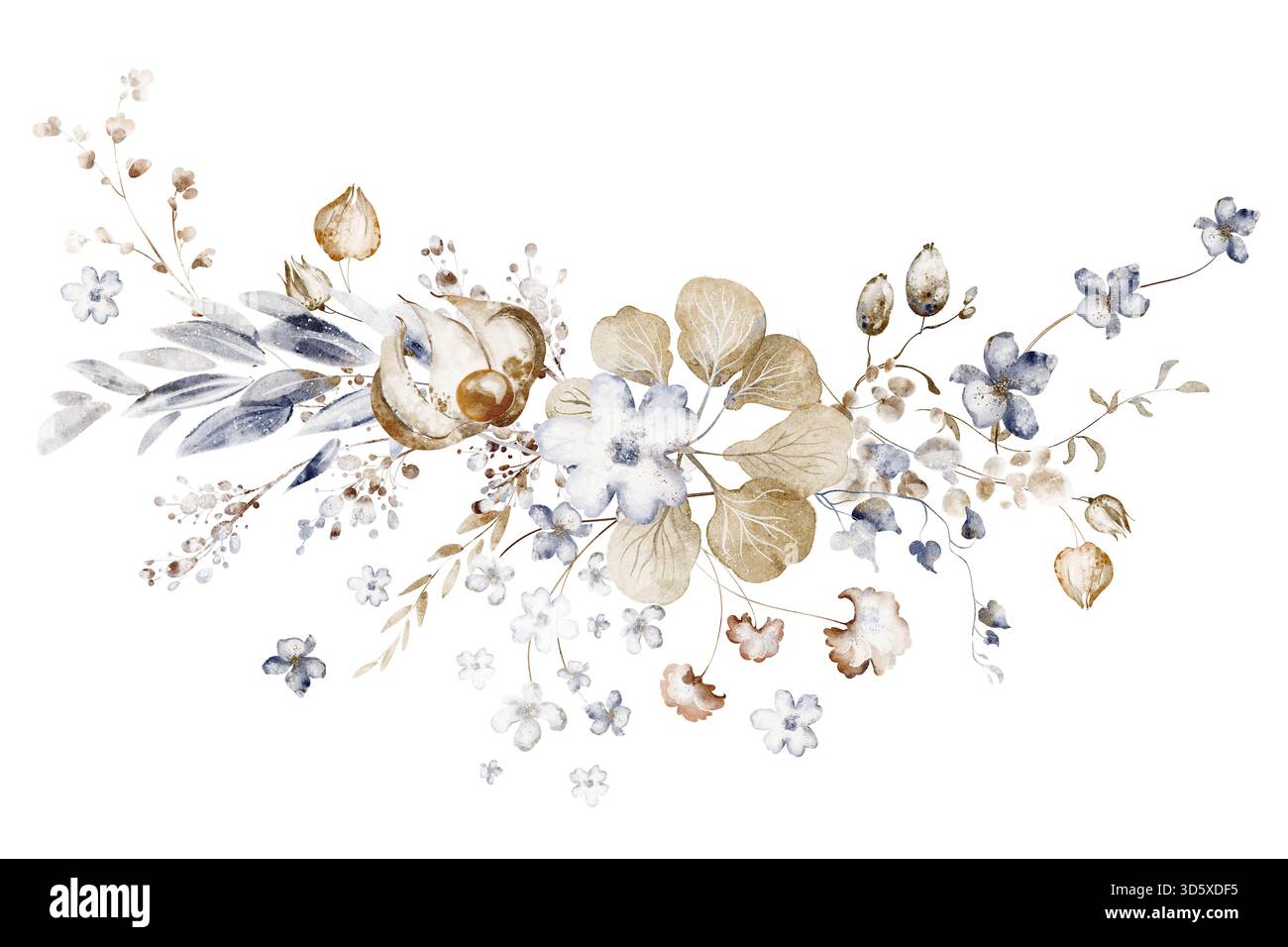 Acquerello botanico con fiori secchi per matrimoni e inviti. Illustrazione floreale per cartoline e cancelleria. Composizione isolata per Foto Stock