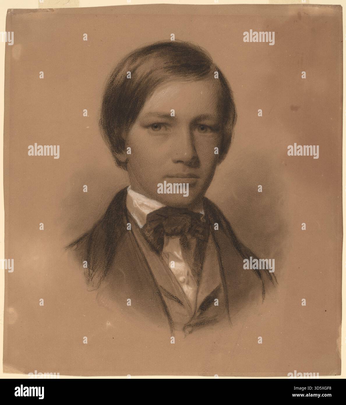 Il dipinto di Eastman Johnson mostra un giovane uomo in ritratto, evidenziando caratteristiche del viso, acconciatura, espressione, abbigliamento, e una tecnica di ritrattistica realistica. Foto Stock