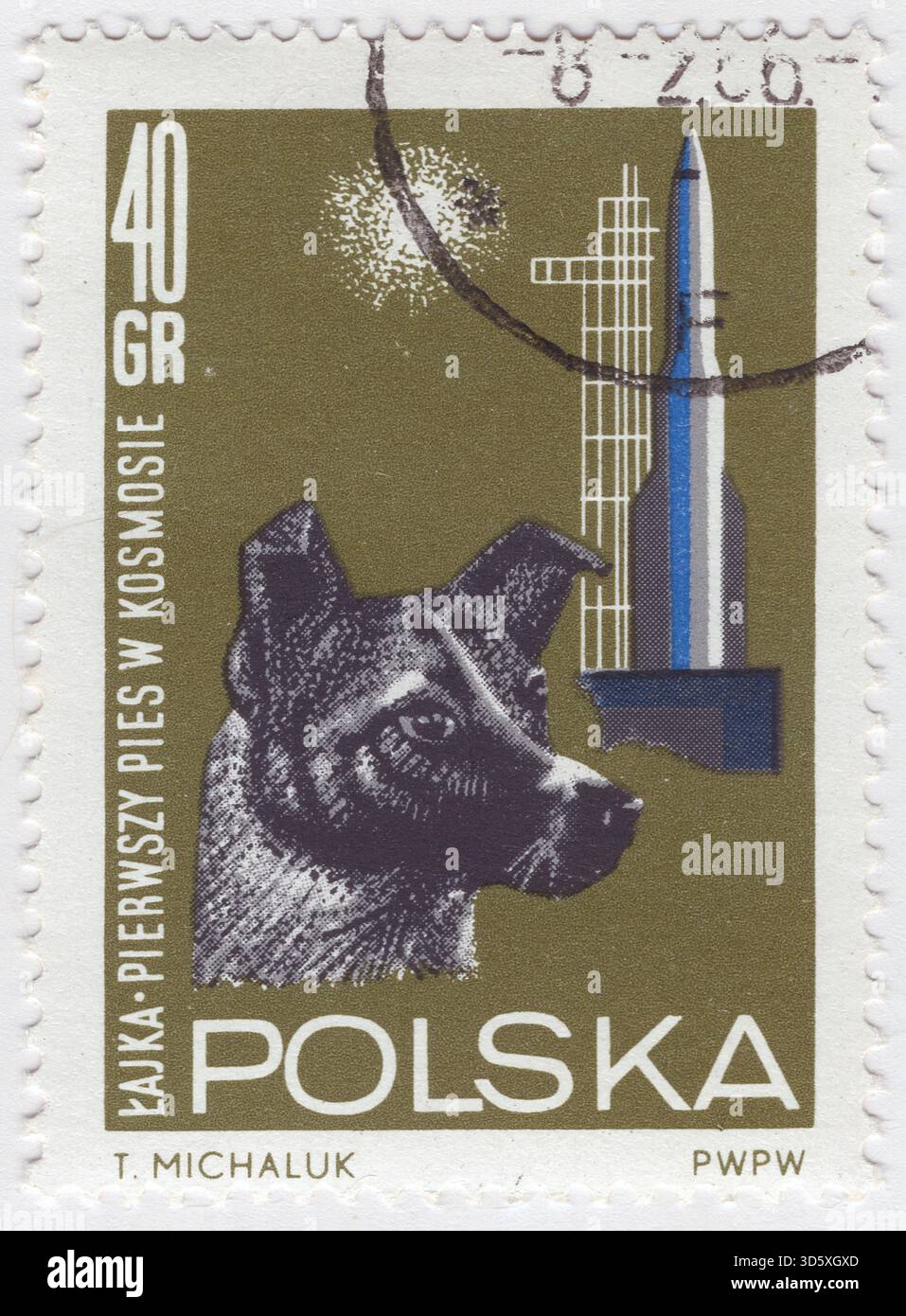 POLONIA — 1964 dicembre 30: 40 francobollo verde oliva, nero e blu che raffigura opere d'arte stilizzate Dog Laika, Space Rocket e Launing Tower. Rilasciato per pubblicizzare la ricerca spaziale Foto Stock