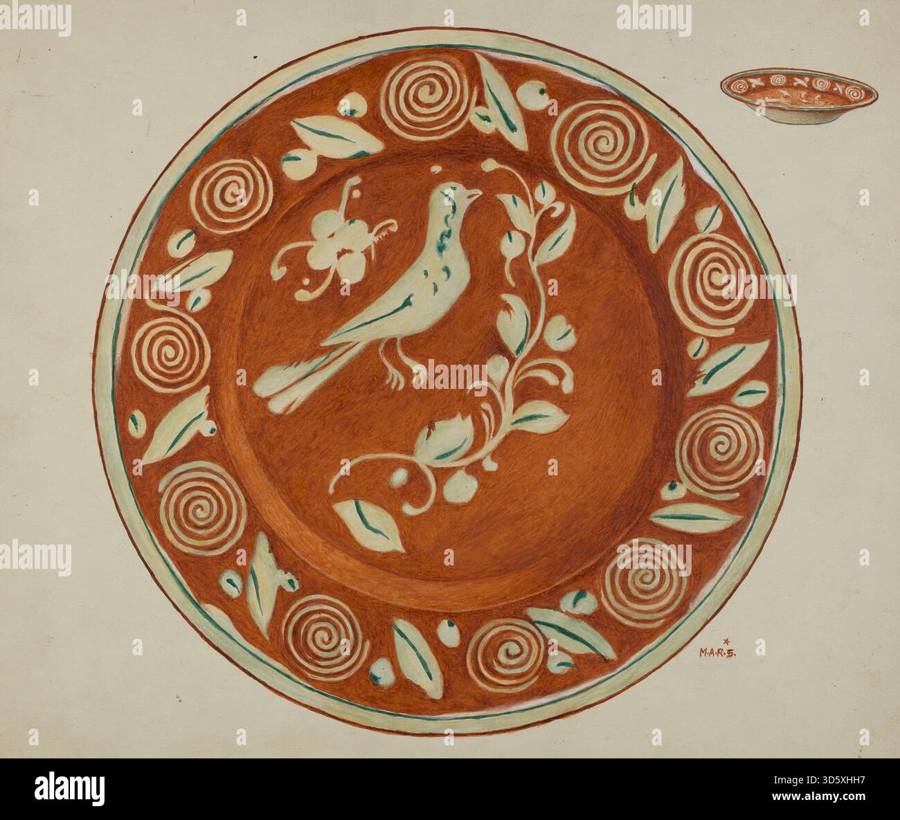 Un piatto tedesco della Pennsylvania prodotto da Margaret Stottlemeyer intorno al 1936, costruito in ceramica e con motivi decorativi tradizionali. Riflette gli oggetti per il servizio da tavola domestici del periodo. Foto Stock