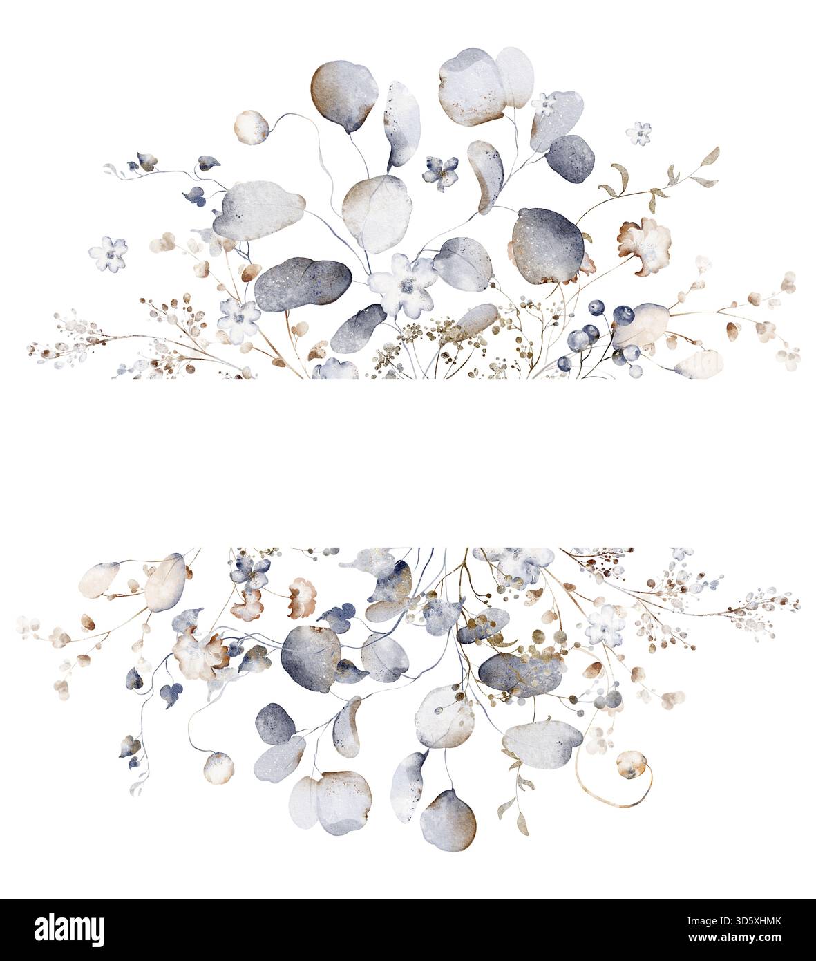 Struttura in foglia di eucalipto in stile acquerello. Ideale per biglietti d'auguri, inviti e modelli di matrimonio. Elementi floreali e botanici disegnati a mano. Foto Stock