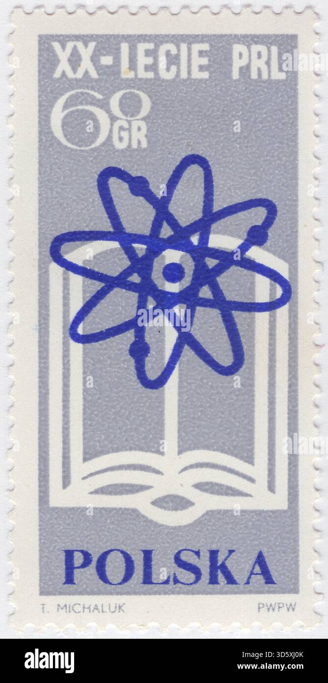 POLONIA — 1964 luglio 21: 60 francobollo grosz grigio e blu violetto profondo raffigurante il modello simbolico dell'atomo con elettroni orbitali e un libro aperto. Repubblica popolare polacca, 20 anni. Comprendere la struttura del nucleo atomico è una delle sfide centrali della fisica nucleare Foto Stock