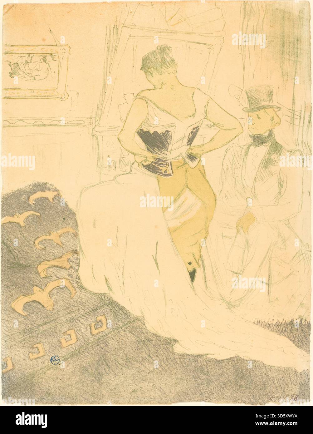 Questo dipinto del 1896 di Henri de Toulouse-Lautrec raffigura una donna che indossa un corsetto, seduta in un interno domestico. L'opera mette in evidenza l'anatomia umana, la postura, le linee espressive, i colori muti e la vita quotidiana nella Parigi del tardo XIX secolo. Foto Stock