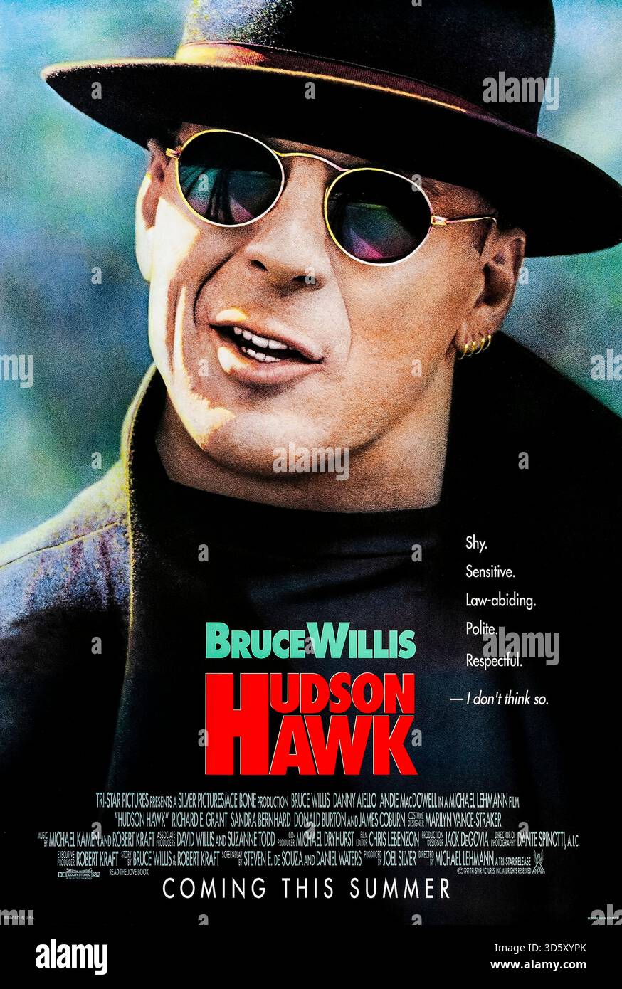 Hudson Hawk (1991) diretto da Michael Lehmann e interpretato da Bruce Willis, Danny Aiello e Andie MacDowell. Un ladro di gatto viene ricattato per rubare opere d'arte inestimabili per una coppia potente ed eccentrica. Fotografia di un poster originale del 1991 USA a un foglio SOLO PER USO EDITORIALE. Crediti: BFA / TriStar Pictures Foto Stock