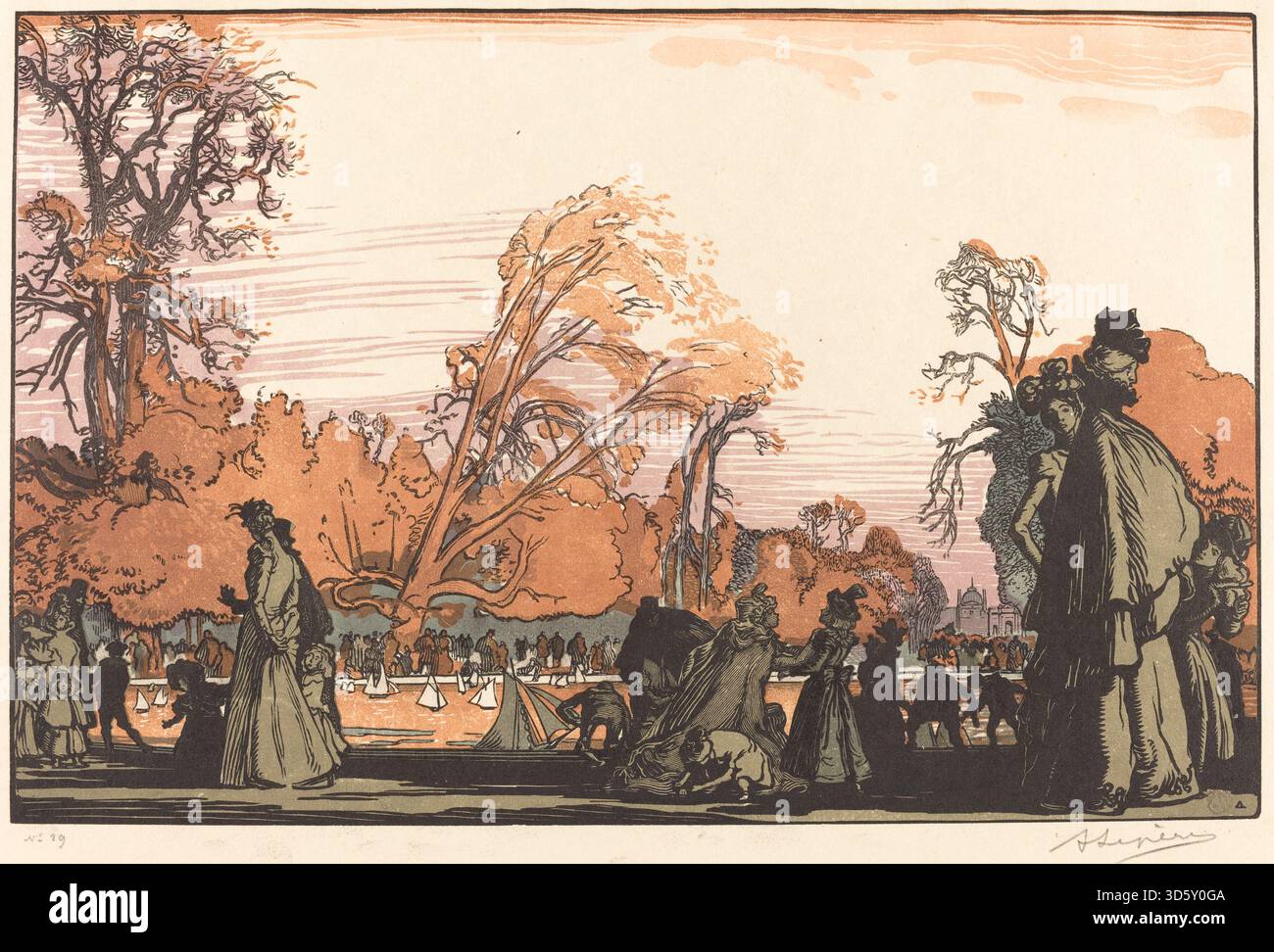 Mostra lo stagno nel giardino delle Tuileries, con riflessi d'acqua, alberi circostanti, sentieri e visitatori, illustrando il design del paesaggio parigino nella Francia del tardo XIX secolo. Foto Stock