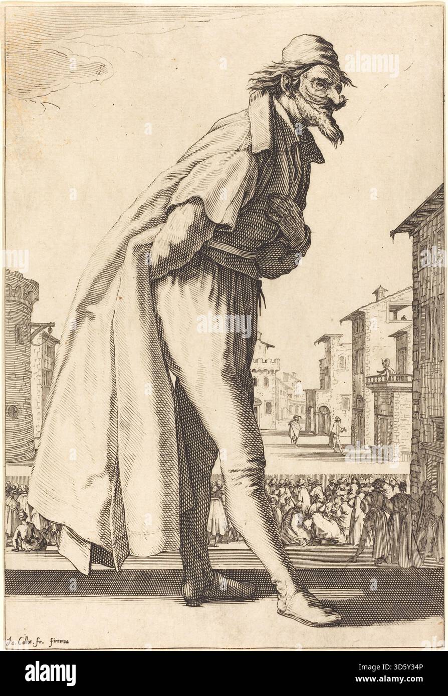 L'incisione di Pantalone del 1618-1620 di Jacques Callot mostra la figura comica con costume distintivo e gesti esagerati, rappresentando elementi teatrali e culturali della Venezia dei primi anni del XVII secolo. Foto Stock