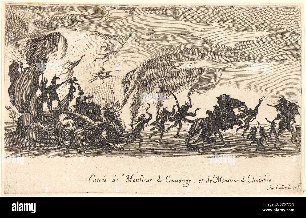 Ingresso di M. de Couvonge e M. de Chalabre di Jacques Callot, 1627, raffigura la processione cerimoniale di due dignitari con assistenti, figure montate, striscioni, musicisti e spettatori in una strada della città, che riflette le festività civiche europee del XVII secolo. Foto Stock