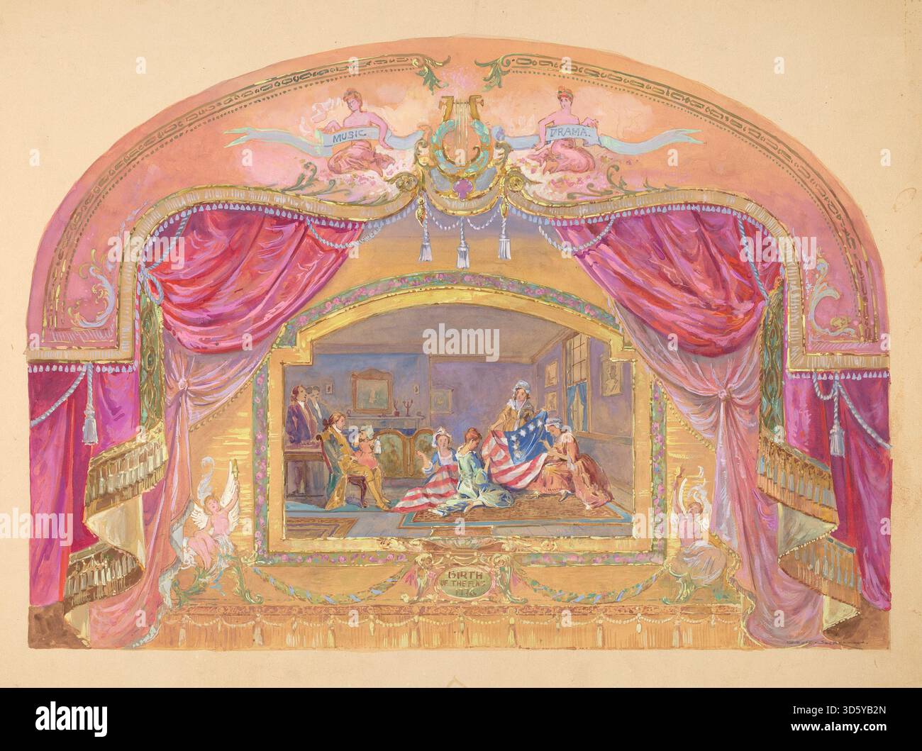 Questo dipinto teatrale di Gilbert Sackerman, creato tra il 1935 e il 1942, raffigura scene di scena con figure, oggetti di scena e fondali scenici. La composizione enfatizza il colore, i gesti e la prospettiva, riflettendo il design artistico della metà del XX secolo. Foto Stock