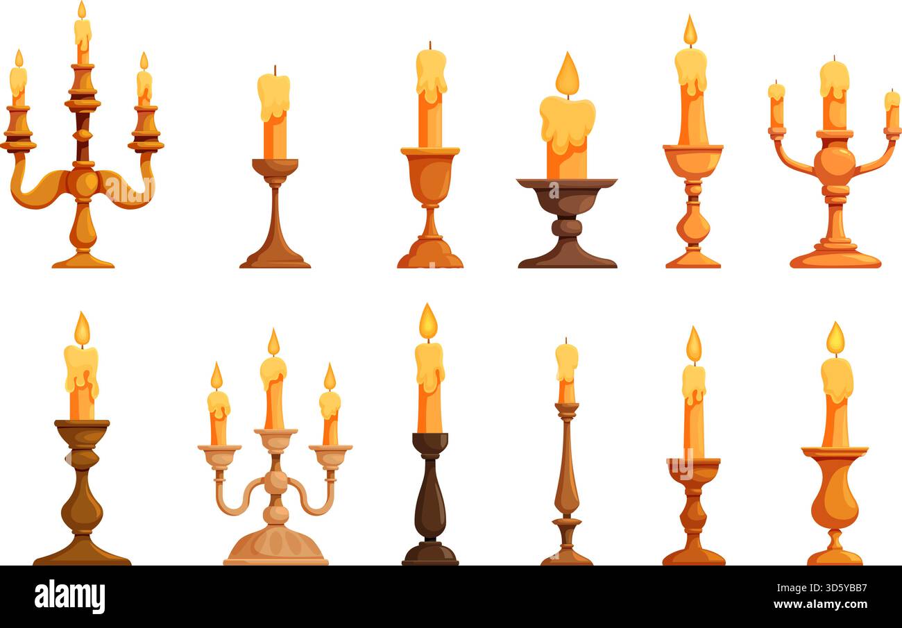 Candelabro vintage. Eleganti candelabri che bruciano candele ed elementi in stile retrò. Illuminazione in stile medievale. Decorazioni per la casa o il caffè, cartoni animati sapid vec Illustrazione Vettoriale
