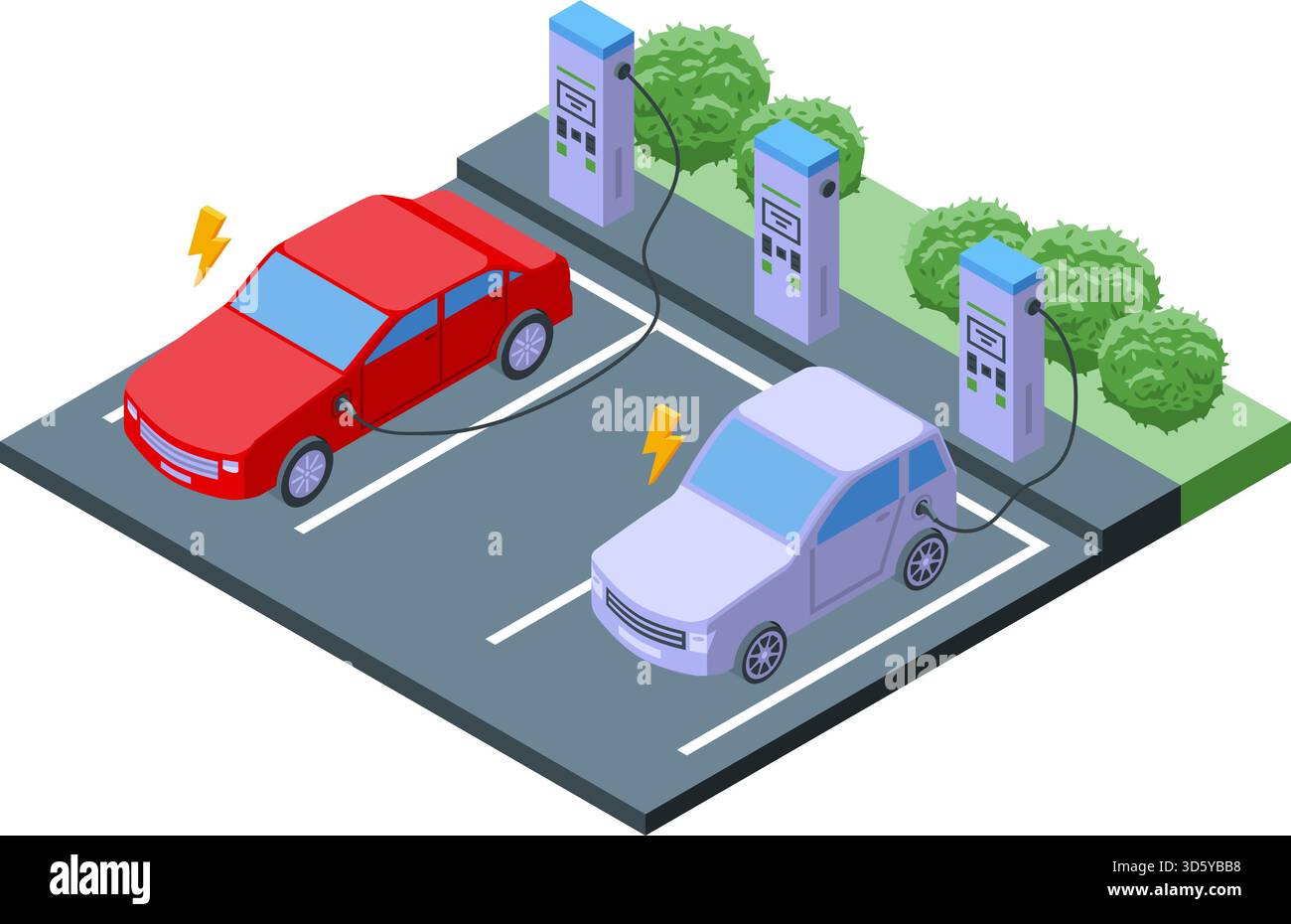 Ricarica isometrica del veicolo elettrico. Fermata auto con stazione ecologica a pagamento. Auto personali in piedi con carico. Trasporto elettronico urbano moderno, vettoriale 3d. Illustrazione Vettoriale