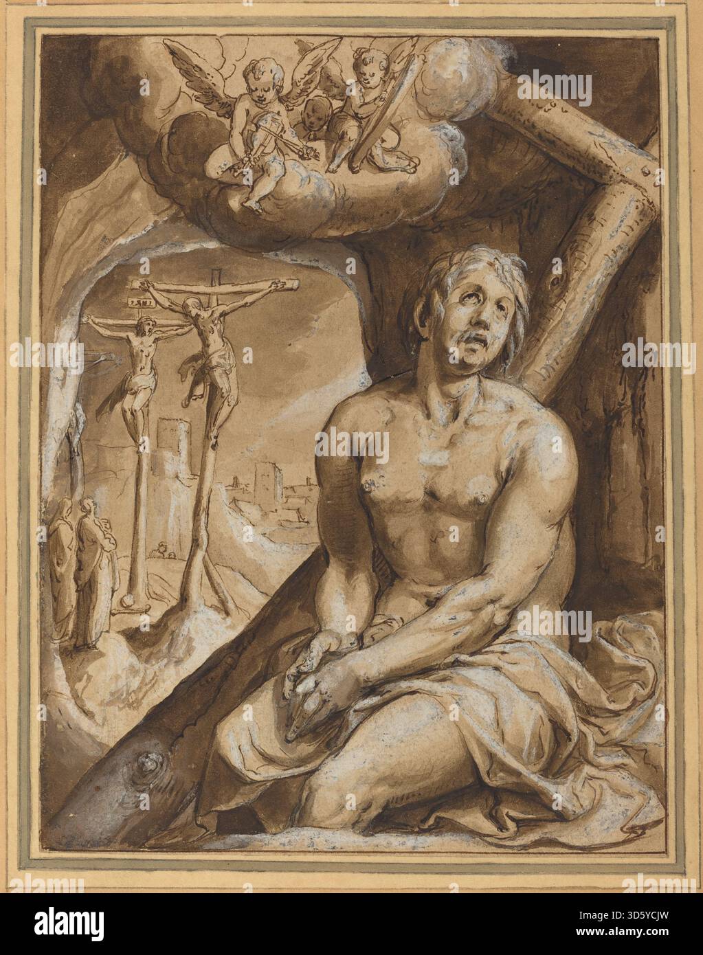 Dipinto di Karel van Mander i raffigurante il buon ladro, raffigurante figure umane, espressione, postura, contesto narrativo, elementi paesaggistici o architettonici e stile olandese del XVII secolo. Foto Stock