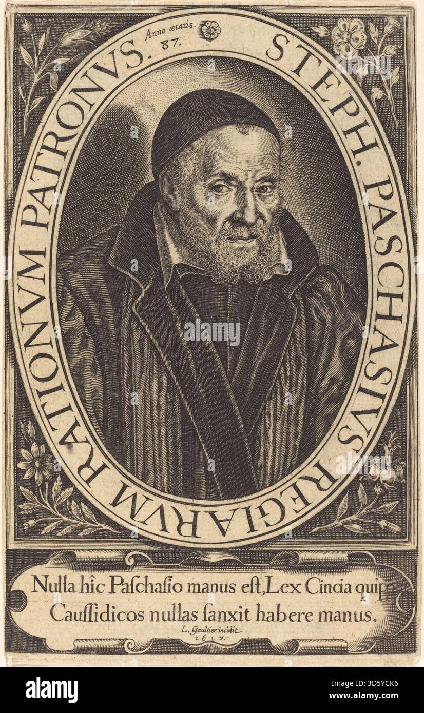 Questa incisione di Léonard Gaultier datata 1617 ritrae Stephanus Paschinus, raffigurato in un abbigliamento formale, seduto e tenendo in mano un libro aperto, ambientato su un semplice sfondo scuro. La stampa è un esempio di incisione ritrattistica francese dei primi anni del XVII secolo, enfatizzando la posa dignitosa del sitter, l'attributo del libro e la tecnica delle linee sottili sulla carta posata. Foto Stock