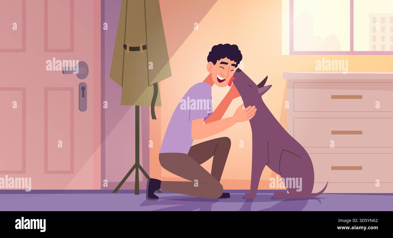 Gatti e cani. Proprietari di animali domestici felici che giocano con animali domestici esatta grafica originale di sfondo vettoriale dei cartoni animati Illustrazione Vettoriale