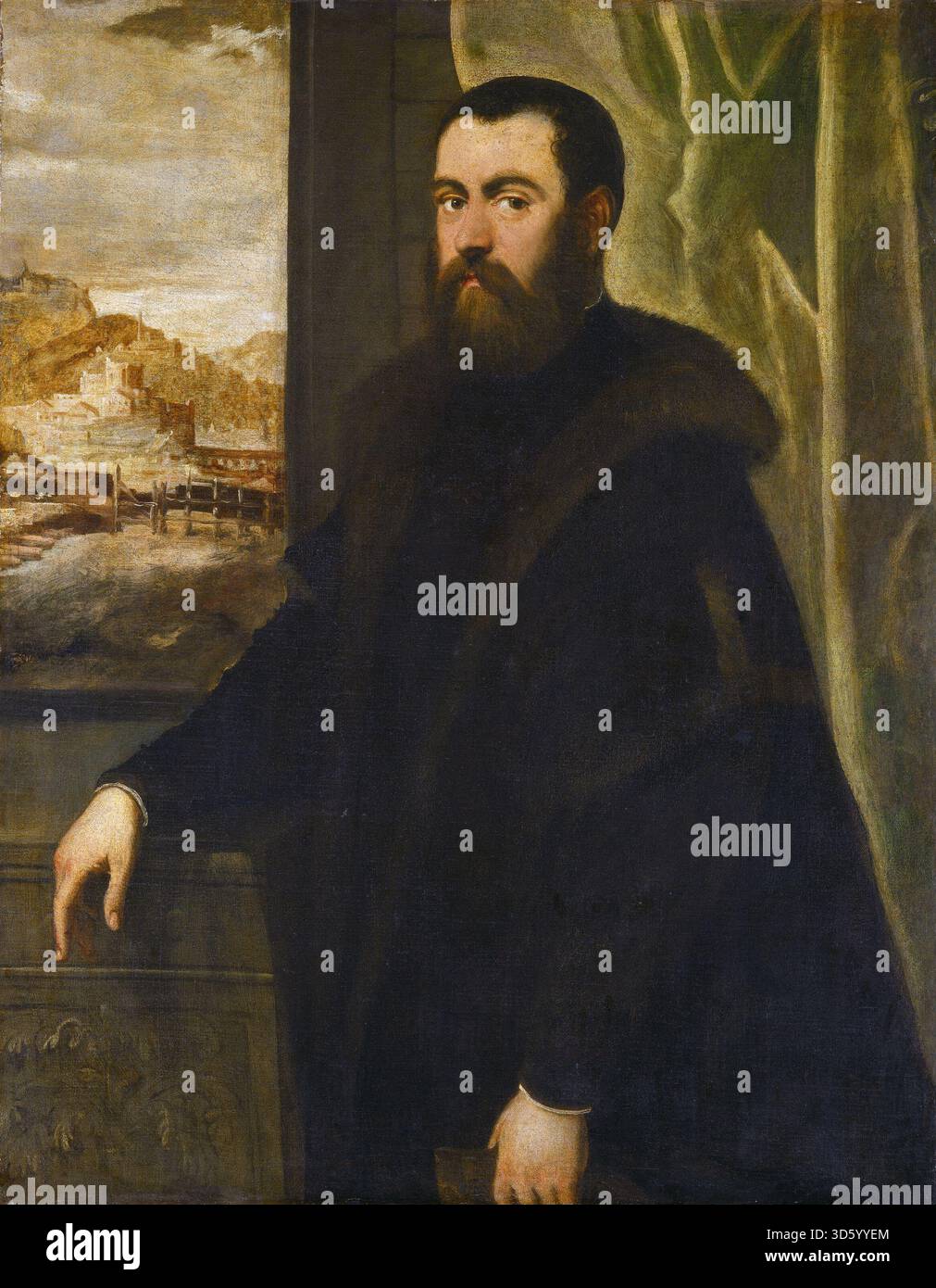 Ritratto di un uomo con vista panoramica dipinto da Jacopo Tintoretto con paesaggio di Marten de Vos, datato 1552-1556, che mostra dettagli facciali, abbigliamento e uno sfondo paesaggistico rinascimentale italiano. Foto Stock