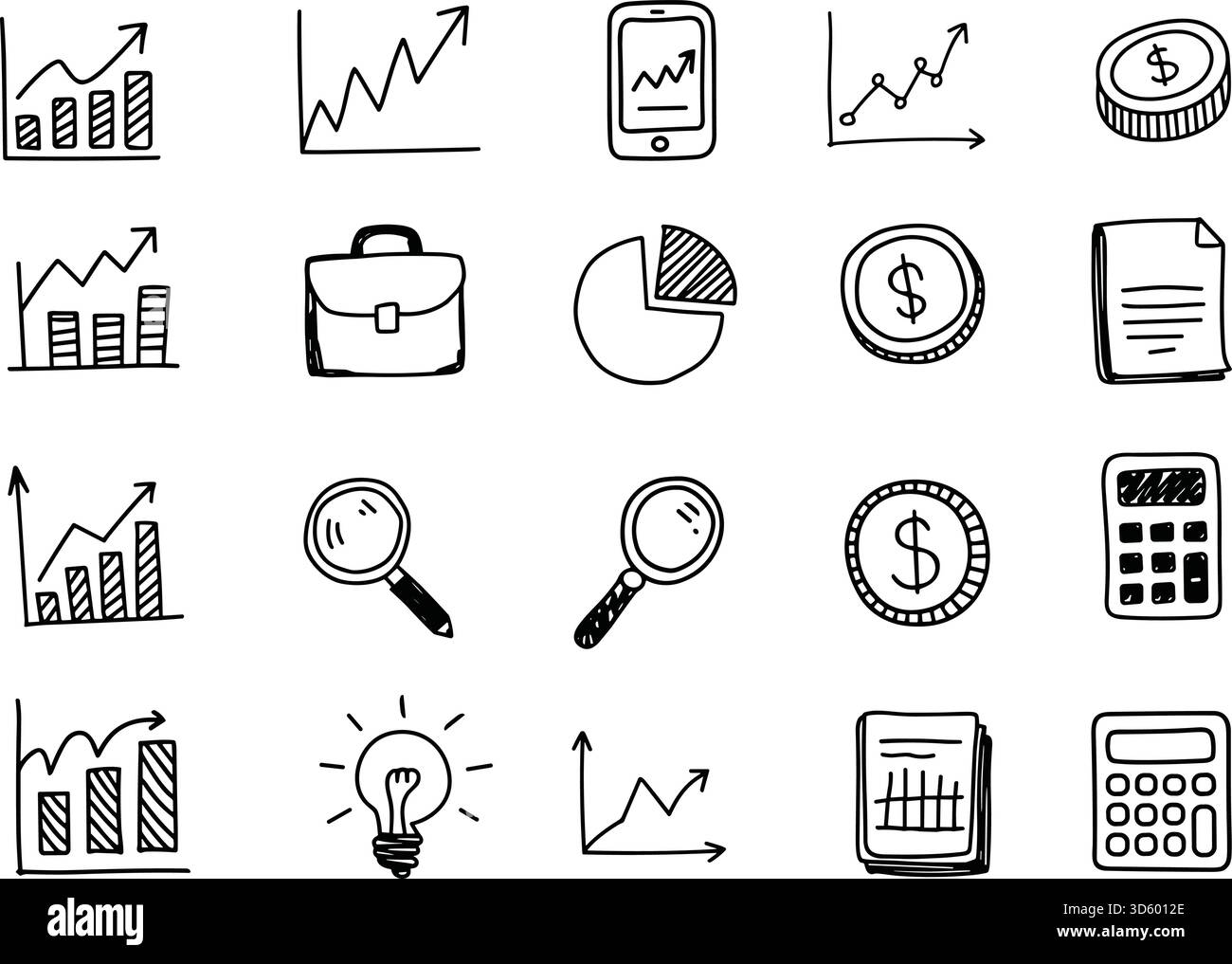 Icone di business in stile sketch con grafici, grafici a torta, analisi mobile, valigetta, calcolatrice, monete, simboli di crescita, concetto finanziario Illustrazione Vettoriale