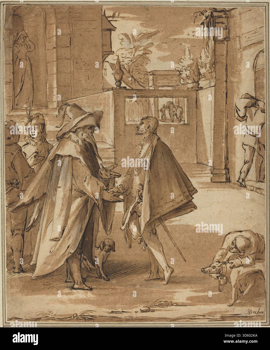 Dipinto di Karel van Mander i che mostra la partenza del figlio prodigo, raffigurante figure umane, emozione, elementi interni ed esterni, composizione narrativa e stile olandese del XVII secolo. Foto Stock