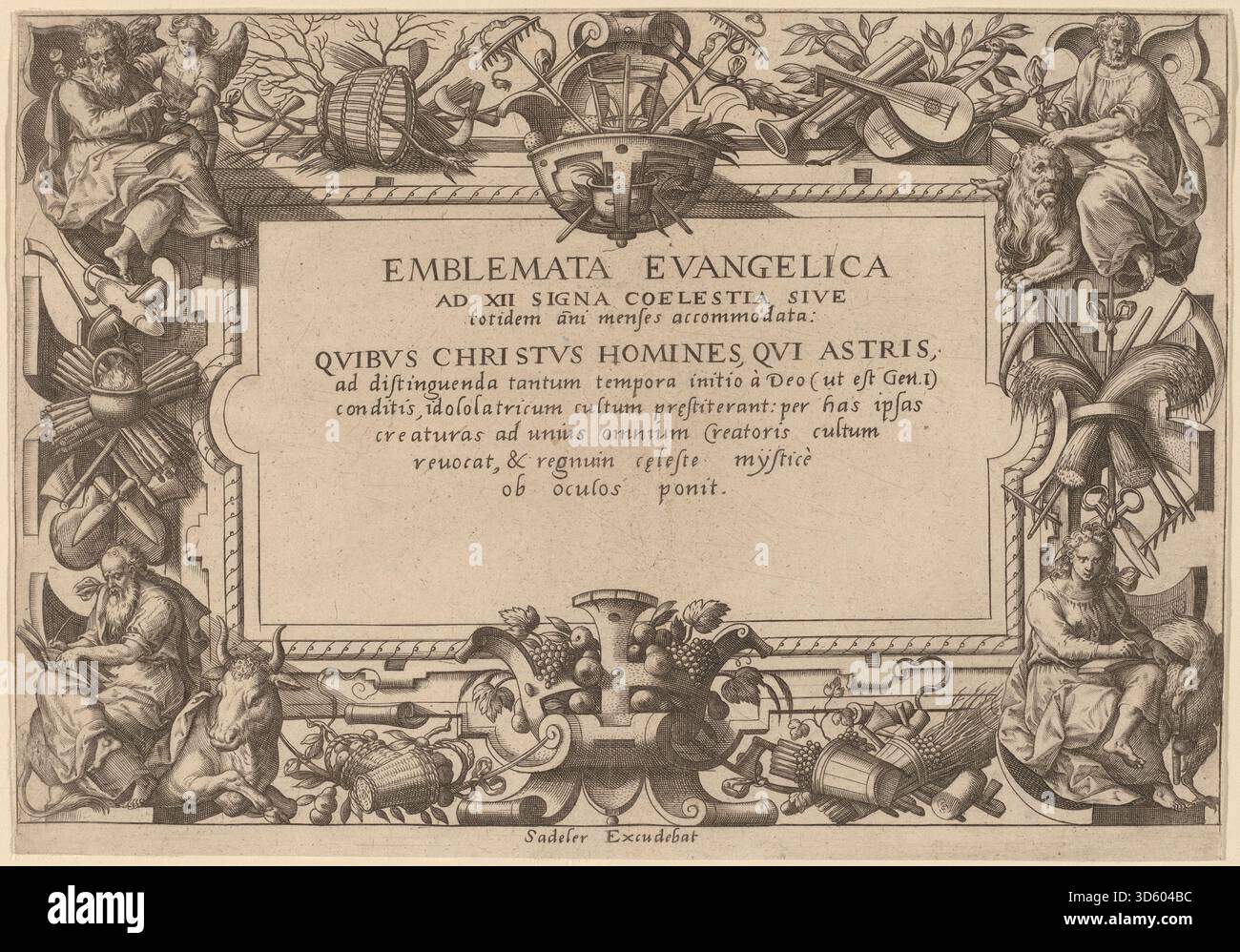 Un frontespizio inciso nel 1585 da Adriaen Collaert su Hans Bol, con elementi decorativi, disegni intricati e composizione tipografica tipica delle opere stampate del XVI secolo. Foto Stock