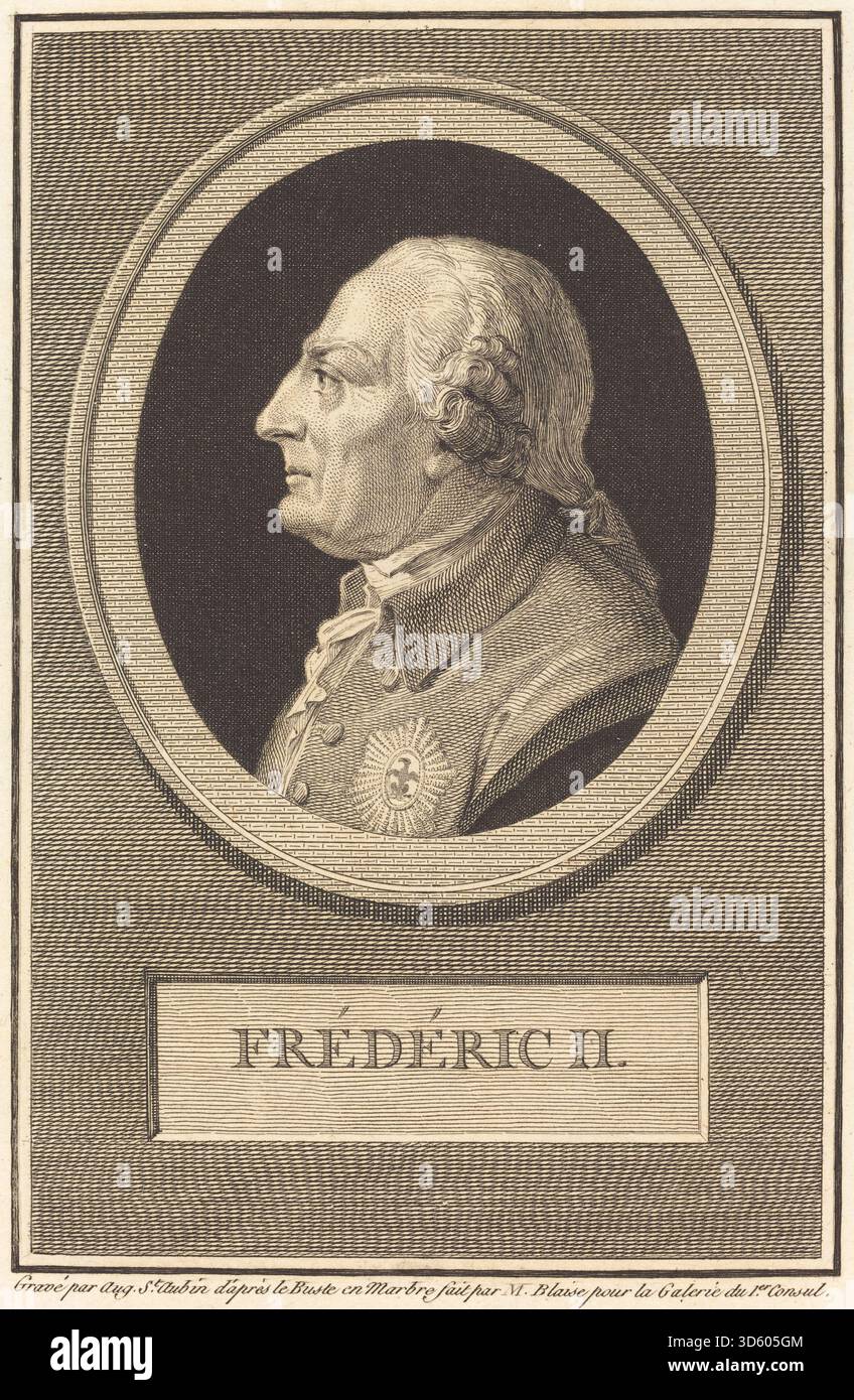 Questa incisione di Augustin de Saint Aubin dopo Barthelemy Blaise raffigura Federico II. Il ritratto enfatizza l'abbigliamento del sovrano, le caratteristiche facciali e le insegne, create nel 1803. Foto Stock