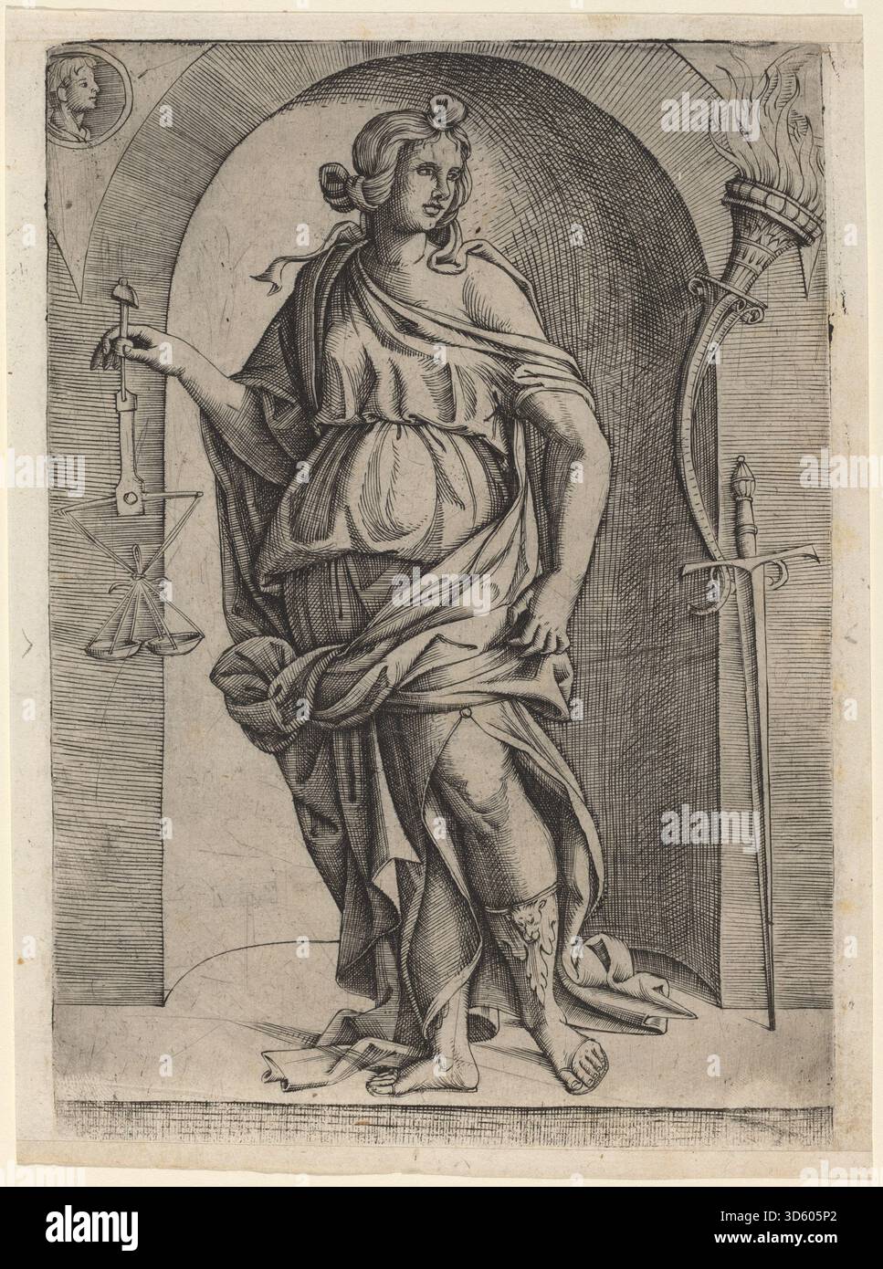 Questa incisione del 1520 del Maestro IICA rappresenta la giustizia, tipicamente personificata come una figura con scale e spada. L'opera mostra l'incisione su linee rinascimentali, l'immagine simbolica e l'arte allegorica europea dell'inizio del XVI secolo. Foto Stock