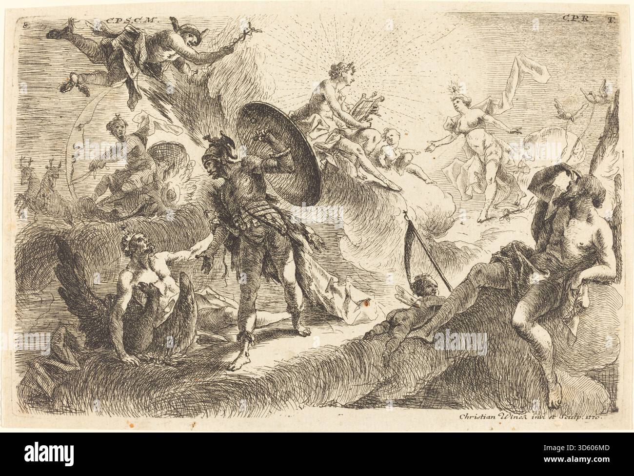 Illustrazione "i sette pianeti" di Thomas Christian Winck, 1770. Mostra i pianeti classici del sistema solare conosciuti nel XVIII secolo, con rappresentazione simbolica e disposizione astronomica. Foto Stock