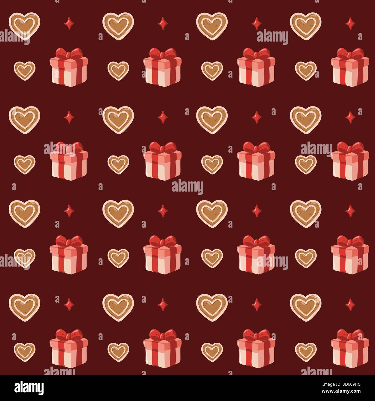 Motivo senza cuciture con confezioni regalo, cuori di pan di zenzero e stelle su sfondo Bordeaux. Vector Sweet Christmas and Valentine background. Illustrazione Vettoriale