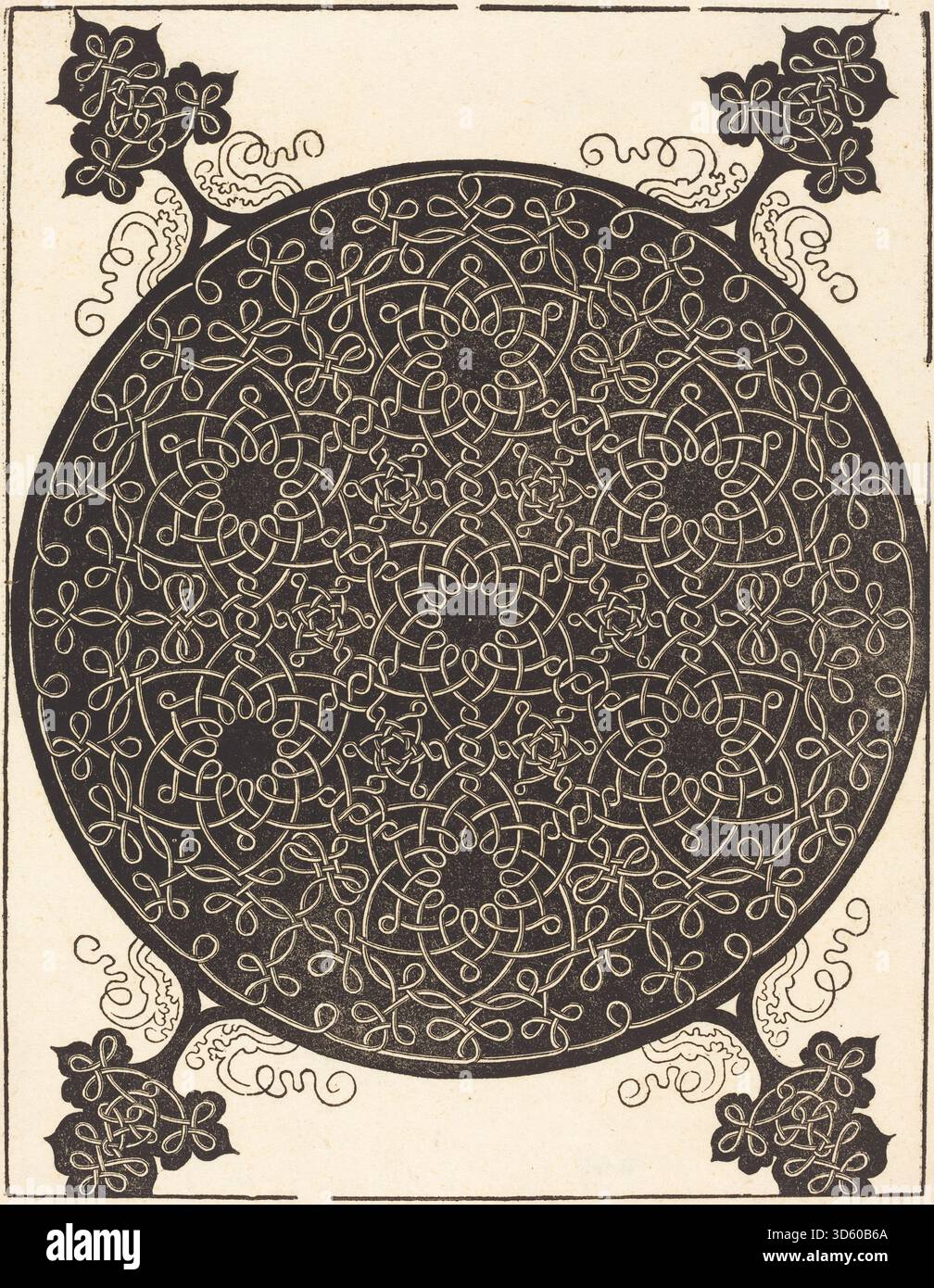 Questa stampa di Albrecht Dürer della serie "sei nodi" (circa 1506-1507) mostra un motivo circolare di sette sistemi di nodi interlacciati con centri neri, incorniciati da ornamenti ad angolo a forma di foglia, eseguiti come un motivo decorativo a taglio di legno. Foto Stock