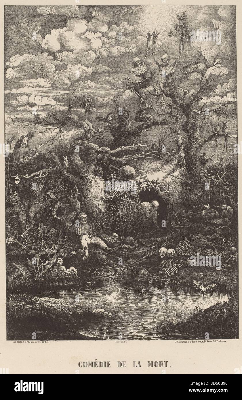 Comédie de la Mort è un'incisione del 1854 di Rodolphe Bresdin che raffigura scene allegoriche legate alla morte, con figure simboliche e texture dettagliate. Il lavoro enfatizza la composizione, il lavoro di linea e la tecnica di stampa del XIX secolo. Foto Stock