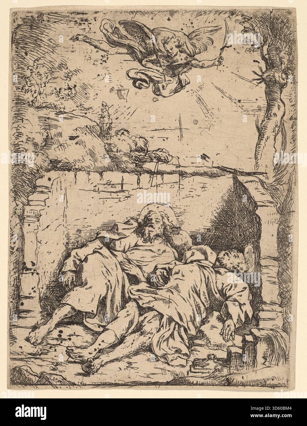 I corpi dei Santi Pietro e Paolo di Claude Vignon, dipinti nel 1620, raffigurano i santi morti con attenzione ai dettagli anatomici, ai tendaggi e al simbolismo religioso. L'opera enfatizza la composizione barocca, l'illuminazione drammatica e la narrazione spirituale. Foto Stock